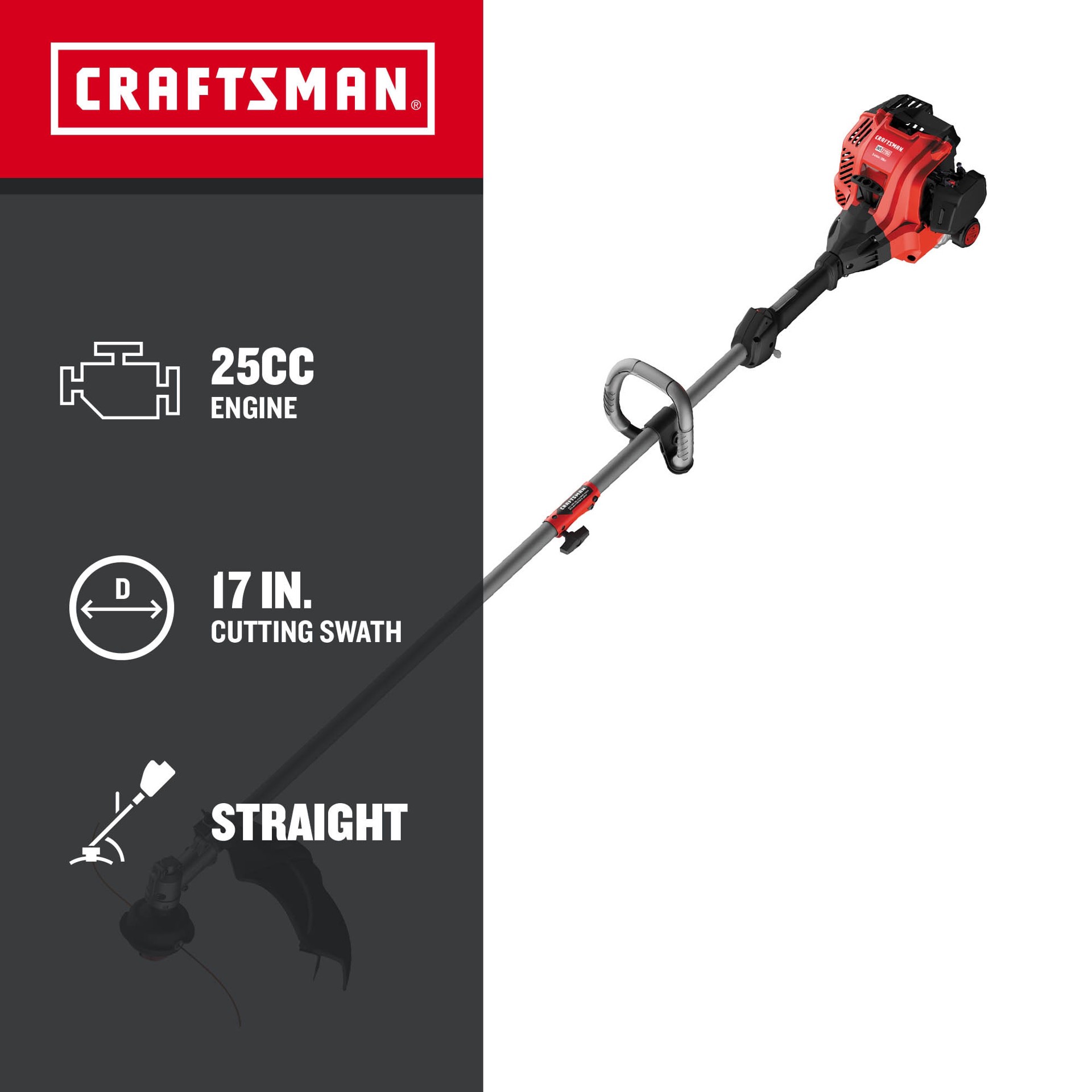 slide 2 of 6, CRAFTSMAN WS2200 25-cc 2-cycle 17-in Straight Shaft Attachment Capable Gas String Trimmer, 1 ct