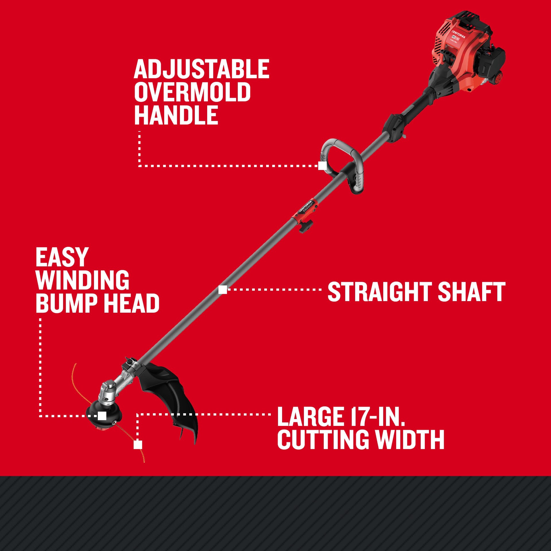 slide 5 of 6, CRAFTSMAN WS2200 25-cc 2-cycle 17-in Straight Shaft Attachment Capable Gas String Trimmer, 1 ct
