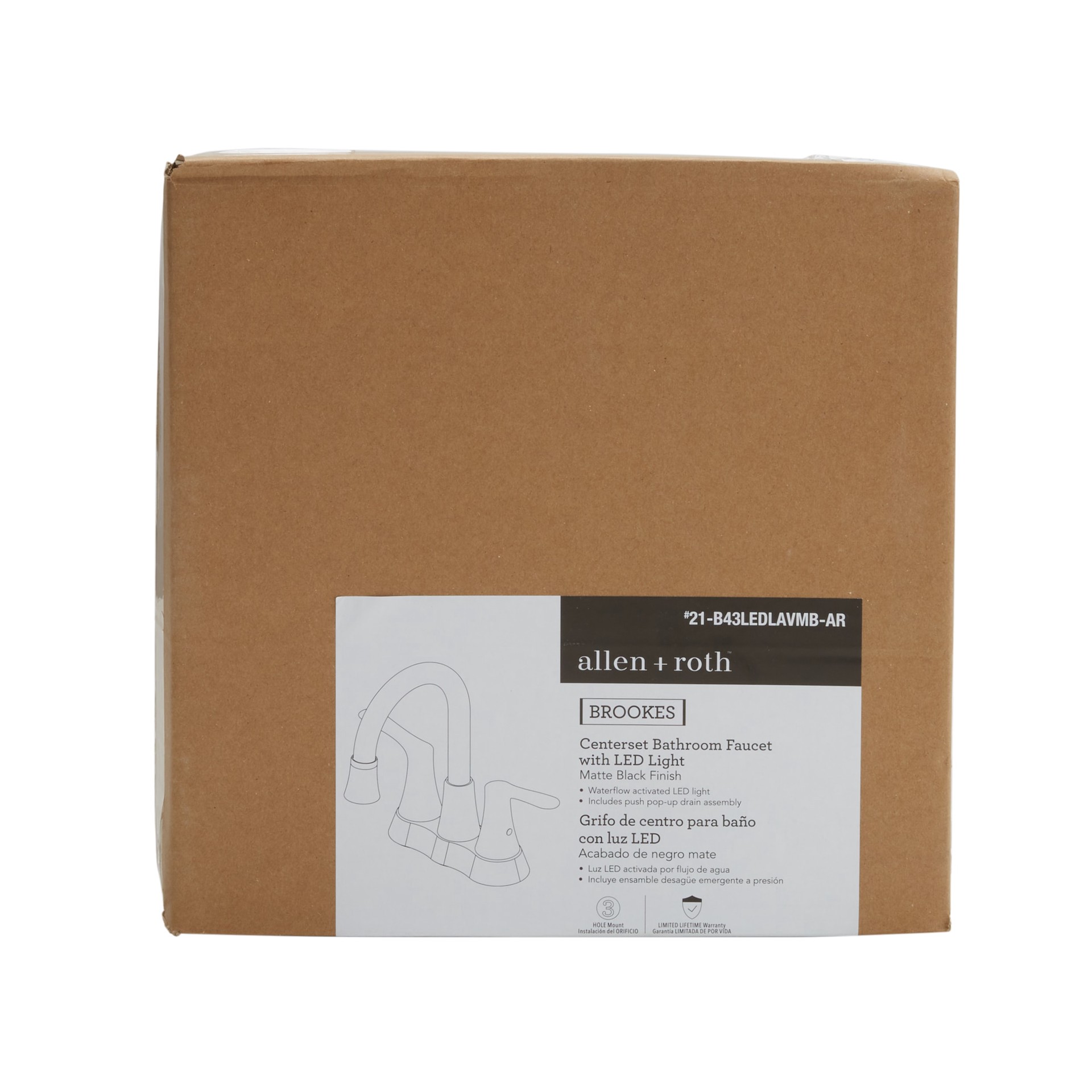 slide 5 of 6, allen + roth Brookes Matte black 4-in centerset 2-handle WaterSense High-arc Residential Handle Bathroom Sink Faucet with Drain, 1 ct