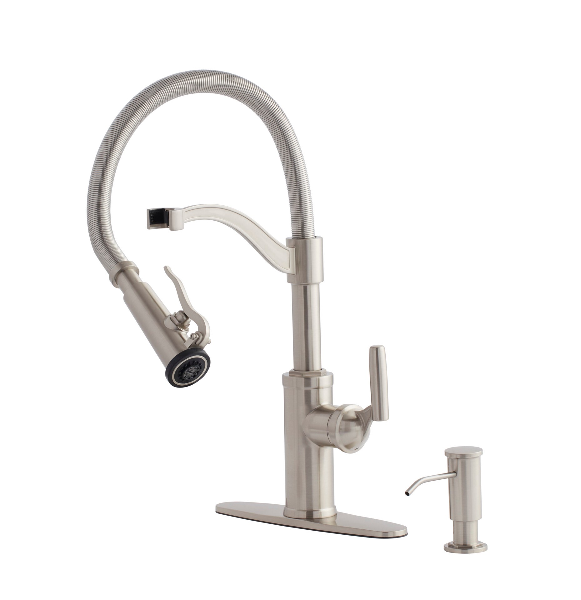 slide 2 of 6, allen + roth Talbert Stainless Steel Single Handle Deck-mount Kitchen Faucet with Sprayer (Includes Deck Plate) (Includes Soap Dispenser), 1 ct