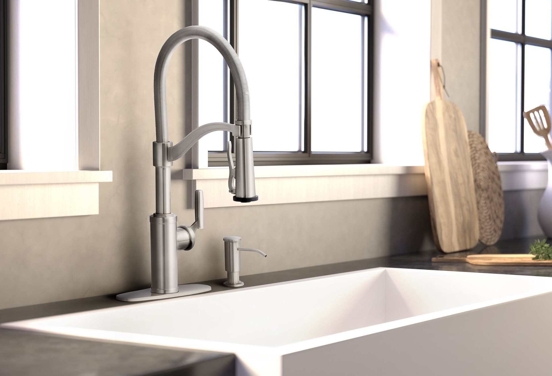 slide 3 of 6, allen + roth Talbert Stainless Steel Single Handle Deck-mount Kitchen Faucet with Sprayer (Includes Deck Plate) (Includes Soap Dispenser), 1 ct