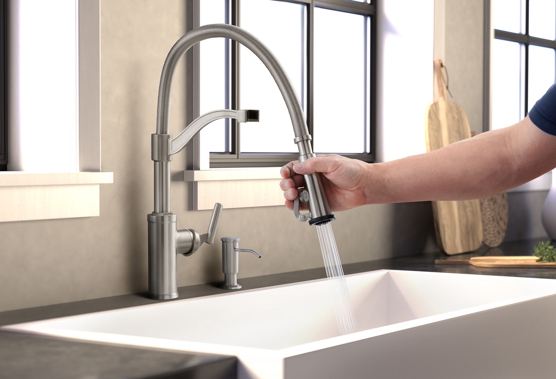 slide 4 of 6, allen + roth Talbert Stainless Steel Single Handle Deck-mount Kitchen Faucet with Sprayer (Includes Deck Plate) (Includes Soap Dispenser), 1 ct