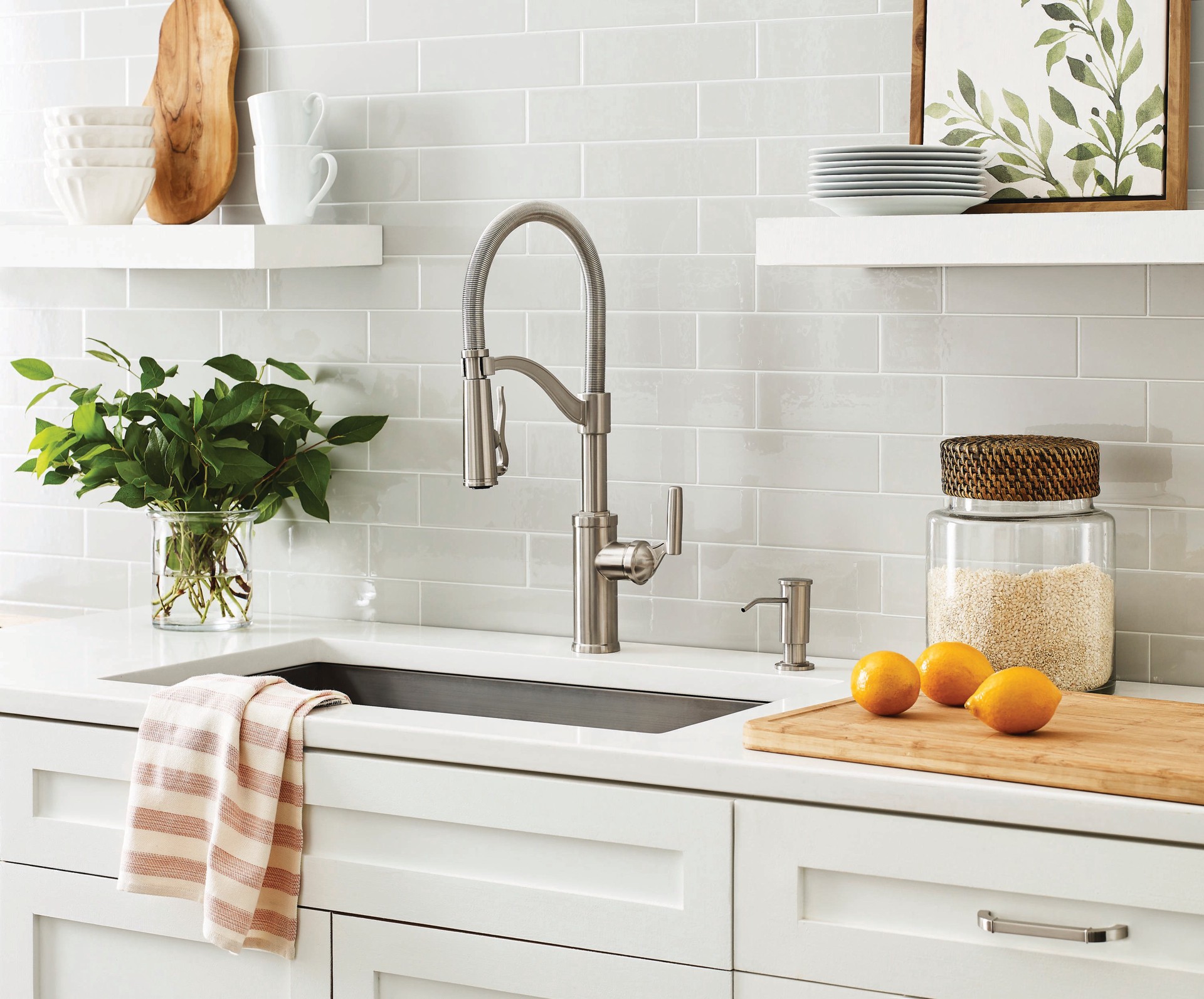 slide 6 of 6, allen + roth Talbert Stainless Steel Single Handle Deck-mount Kitchen Faucet with Sprayer (Includes Deck Plate) (Includes Soap Dispenser), 1 ct