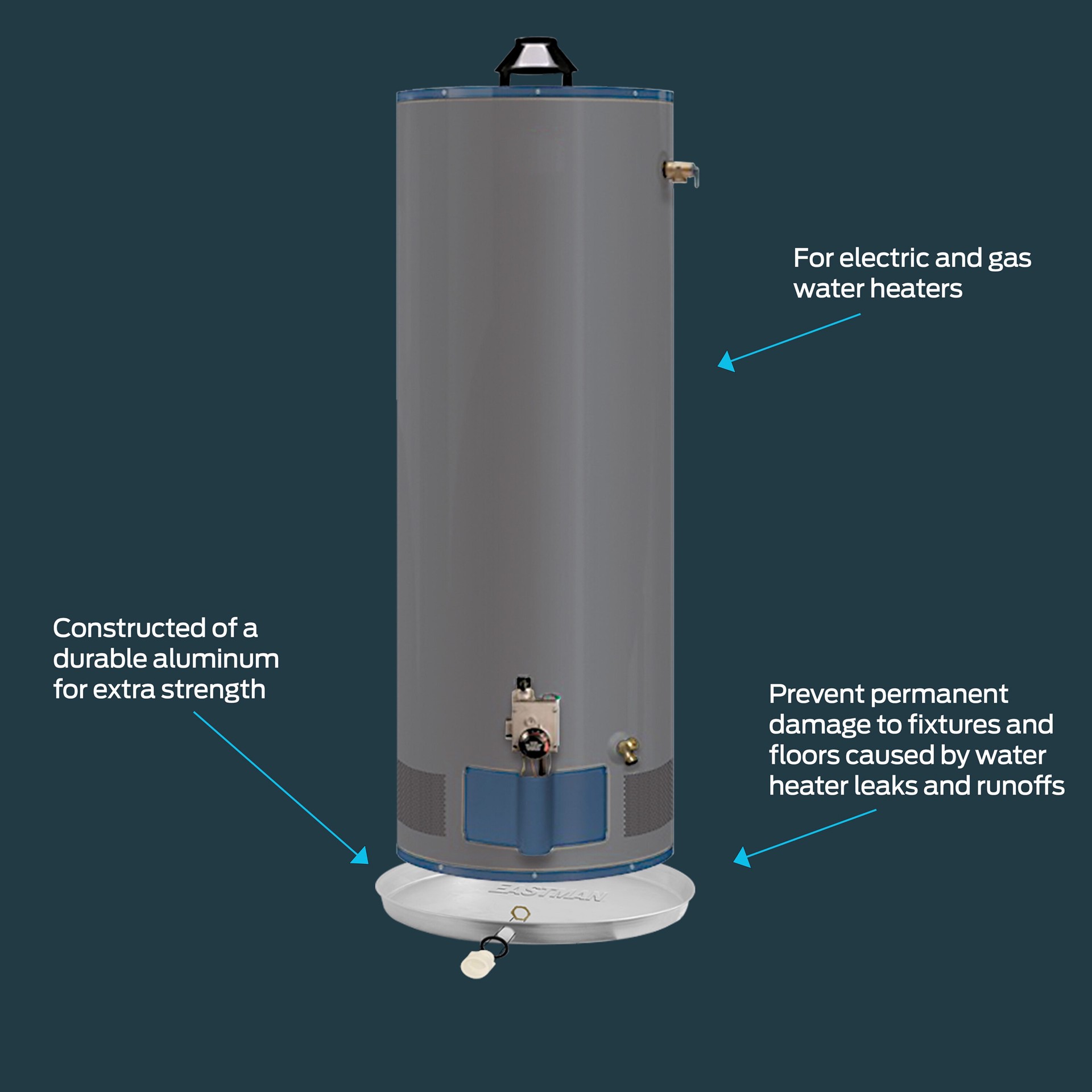 slide 6 of 6, EASTMAN 20-in ID Aluminum Water Heater Drain pan with CPVC Fitting, 1 ct