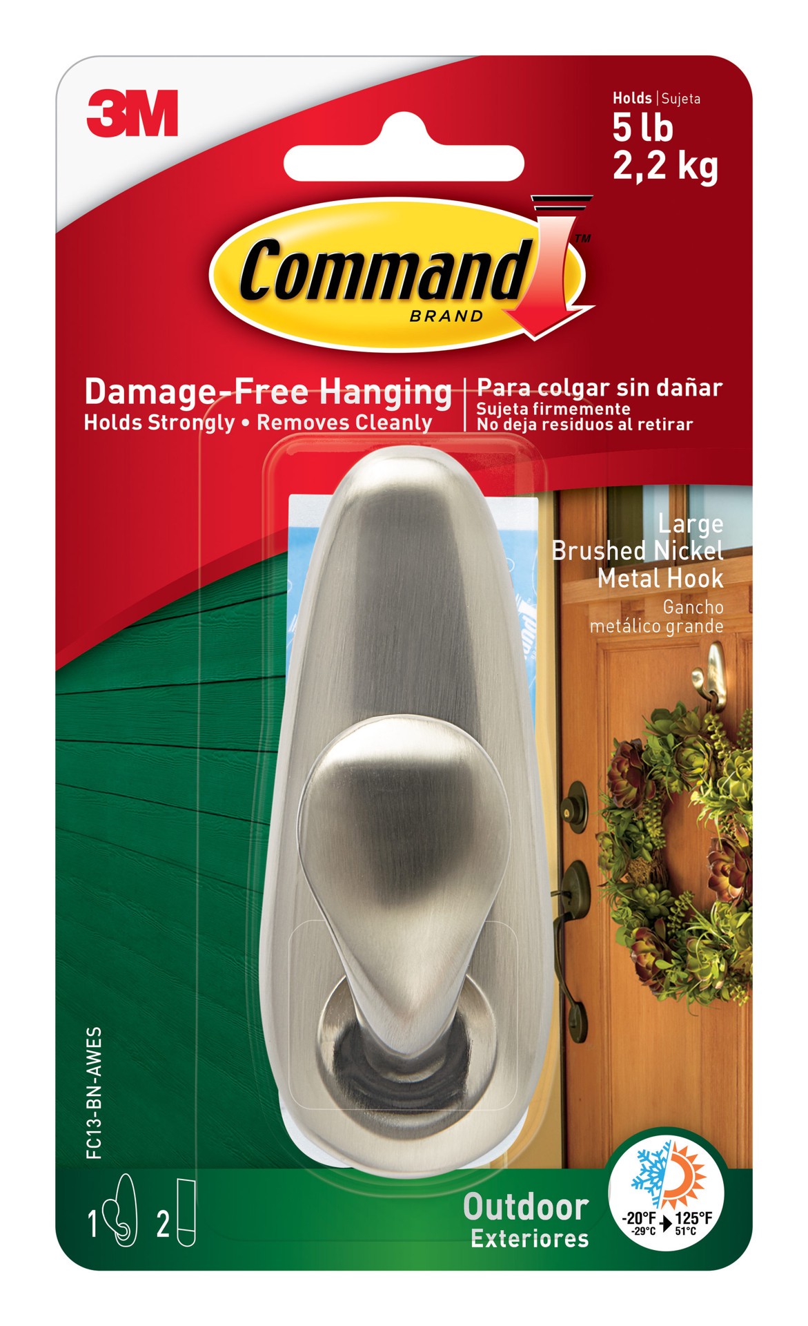 slide 1 of 6, Command Large Outdoor Brushed Nickel Adhesive Storage/Utility hook 5-lb Capacity, 1 ct