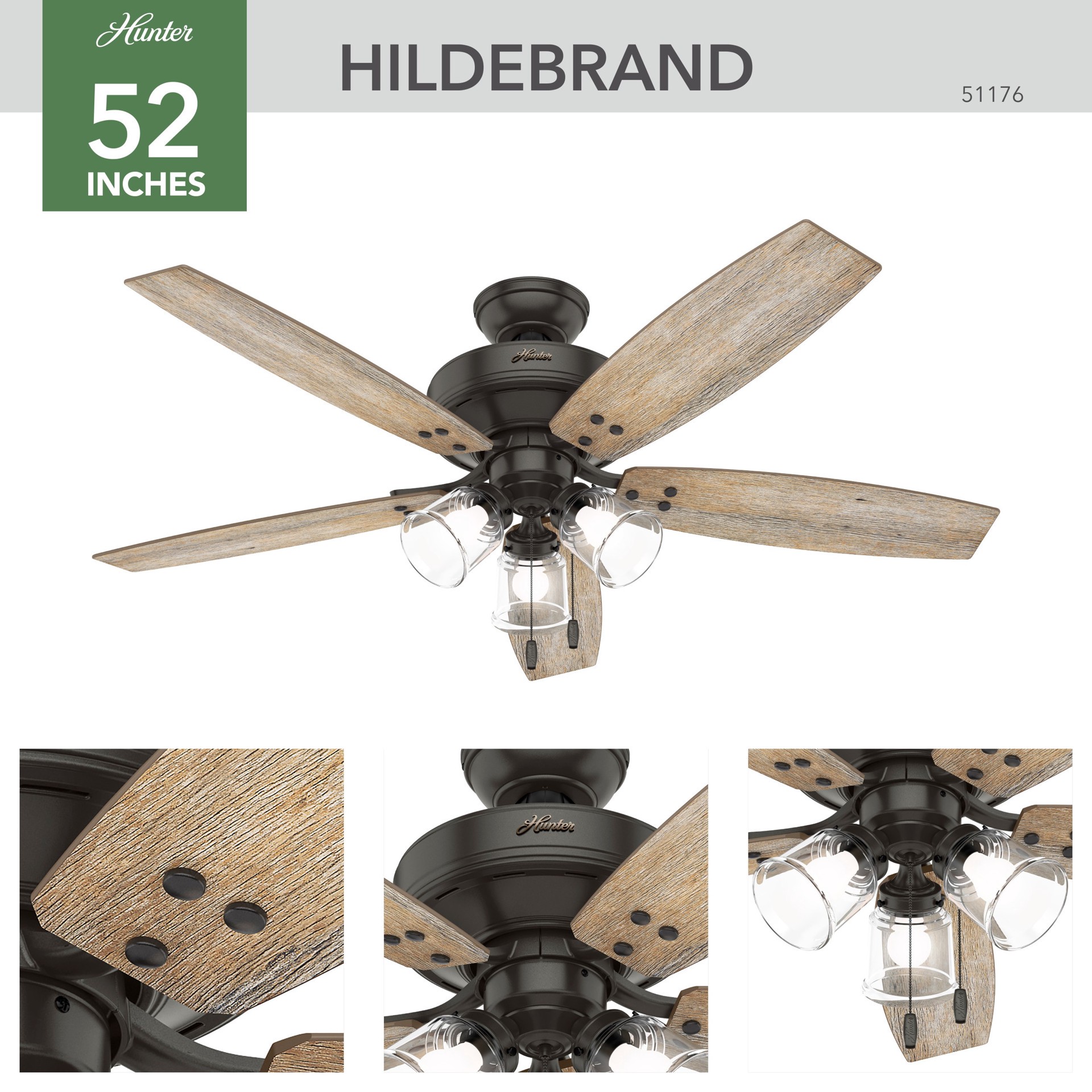 slide 6 of 6, Hunter Hildebrand 52-in Noble Bronze with Barnwood Blades Ceiling Fan With Light 5 -Blade, 1 ct