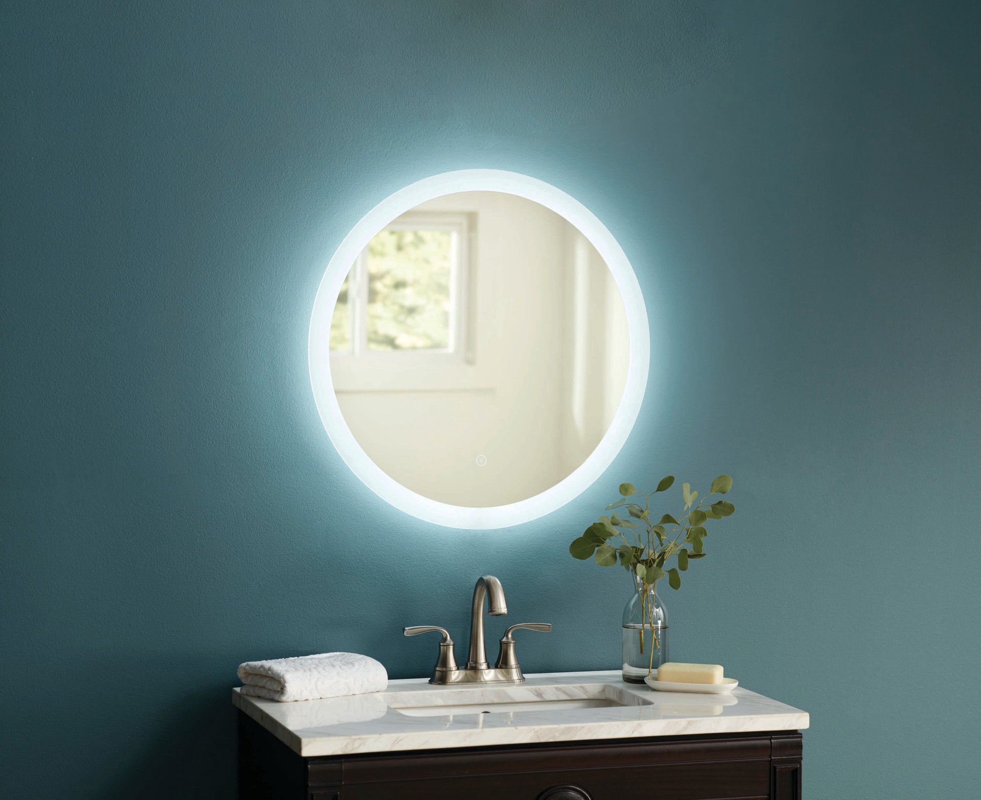 slide 4 of 6, allen + roth 22-in x 22-in Polished Frameless Round Dimmable LED Lighted Fog Free Bathroom Vanity Mirror ( Clear ), 1 ct