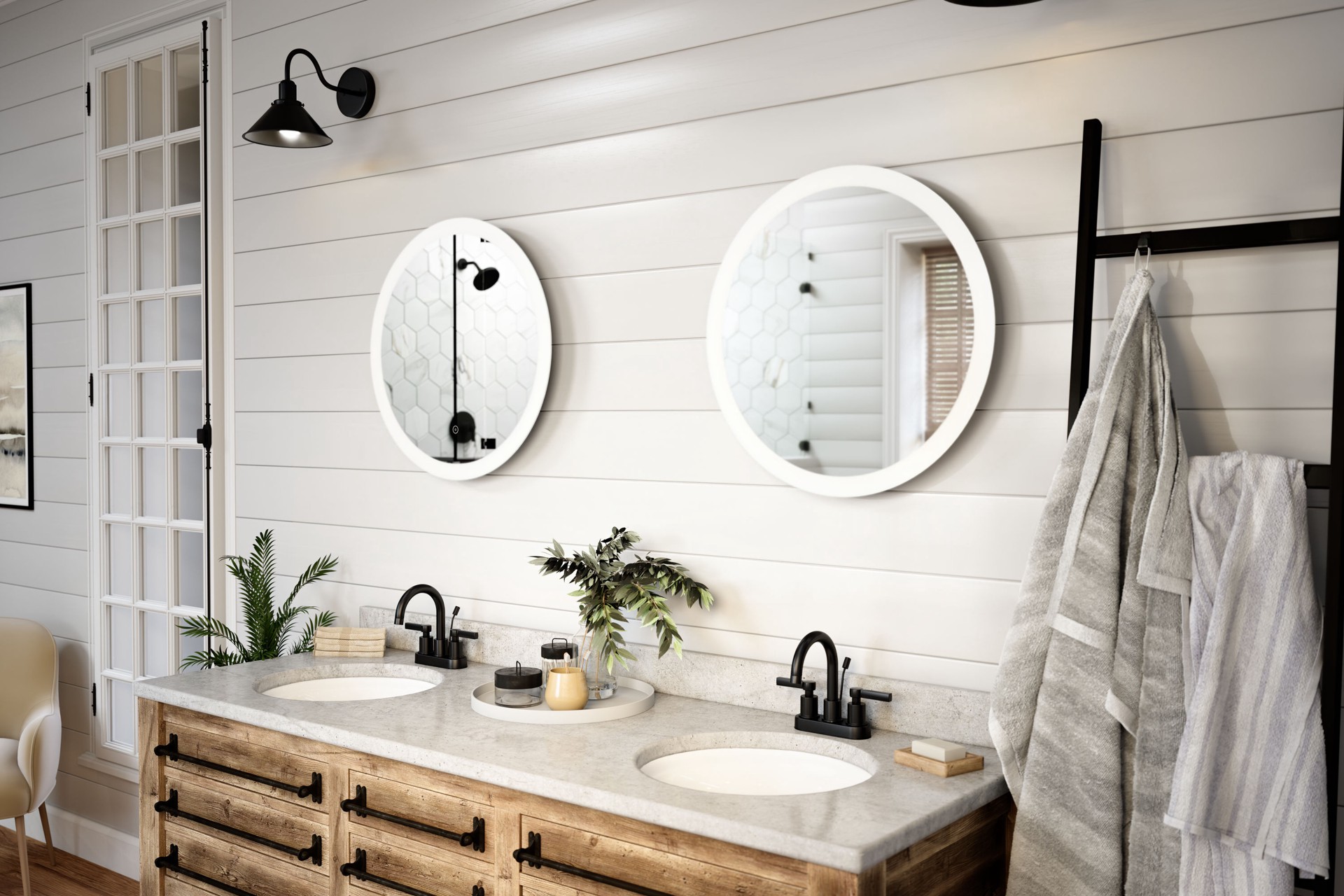 slide 6 of 6, allen + roth 22-in x 22-in Polished Frameless Round Dimmable LED Lighted Fog Free Bathroom Vanity Mirror ( Clear ), 1 ct