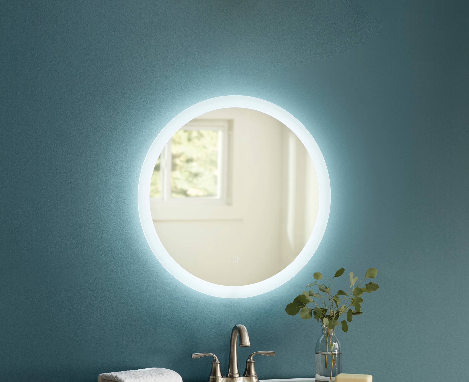 slide 1 of 6, allen + roth 22-in x 22-in Polished Frameless Round Dimmable LED Lighted Fog Free Bathroom Vanity Mirror ( Clear ), 1 ct