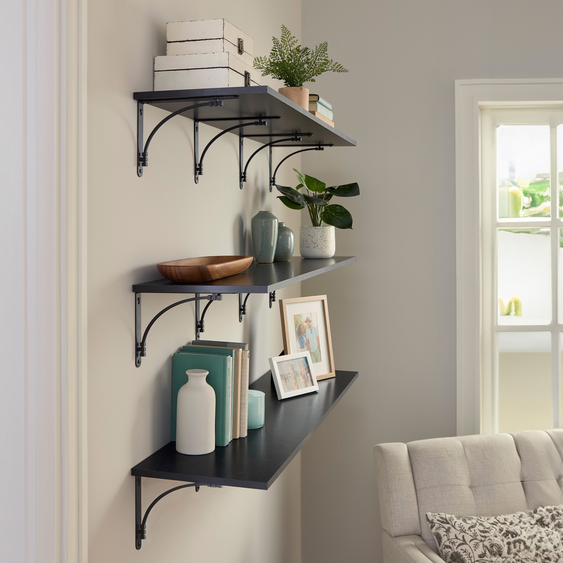 slide 5 of 6, Style Selections 9.02-in L x 0.98-in W x 6.5-in D Black Shelf bracket, 1 ct