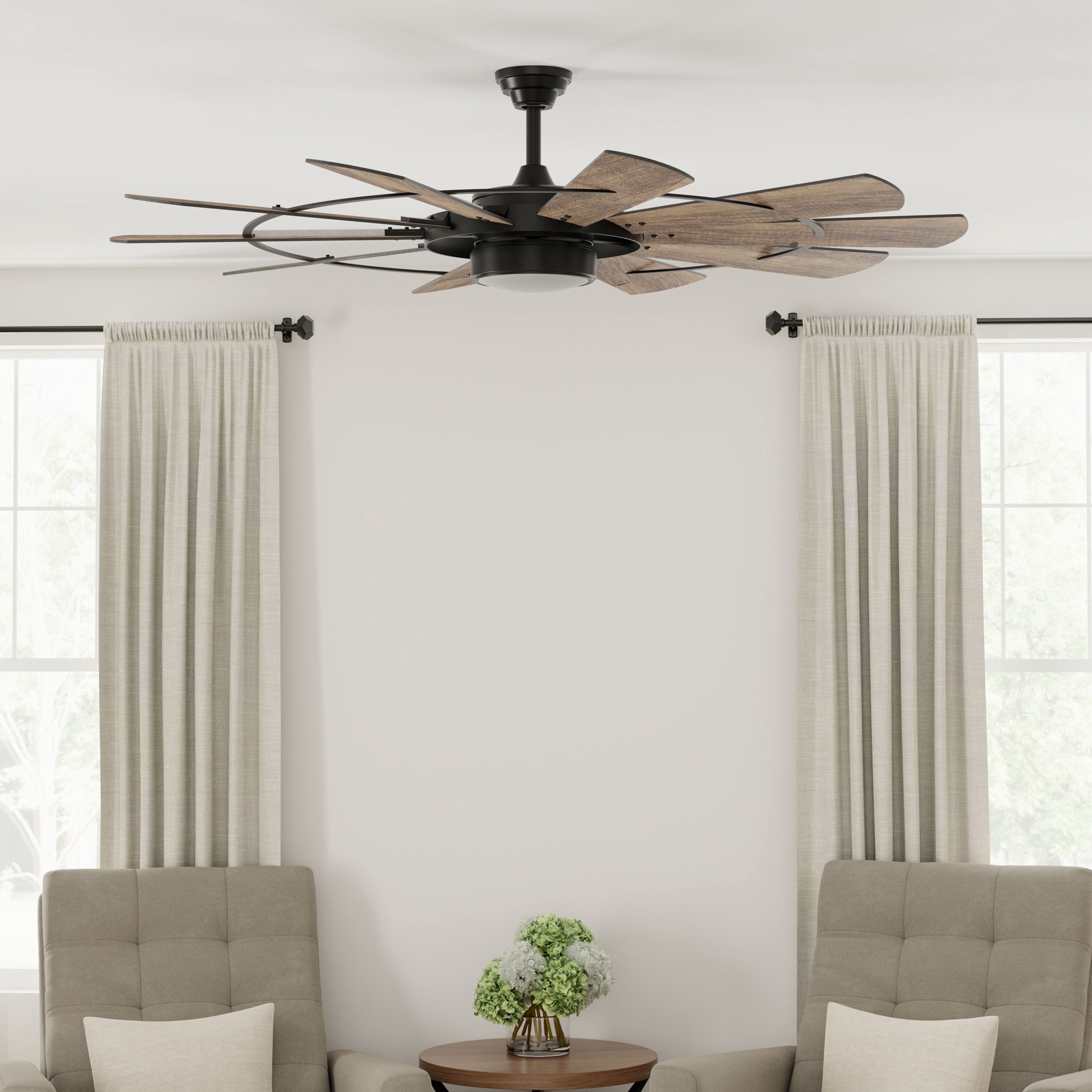 slide 5 of 6, Harbor Breeze Henderson 60-in Matte Black with Rustic Weathered Oak Blades Integrated LED Ceiling Fan With Light 10 -Blade, 1 ct