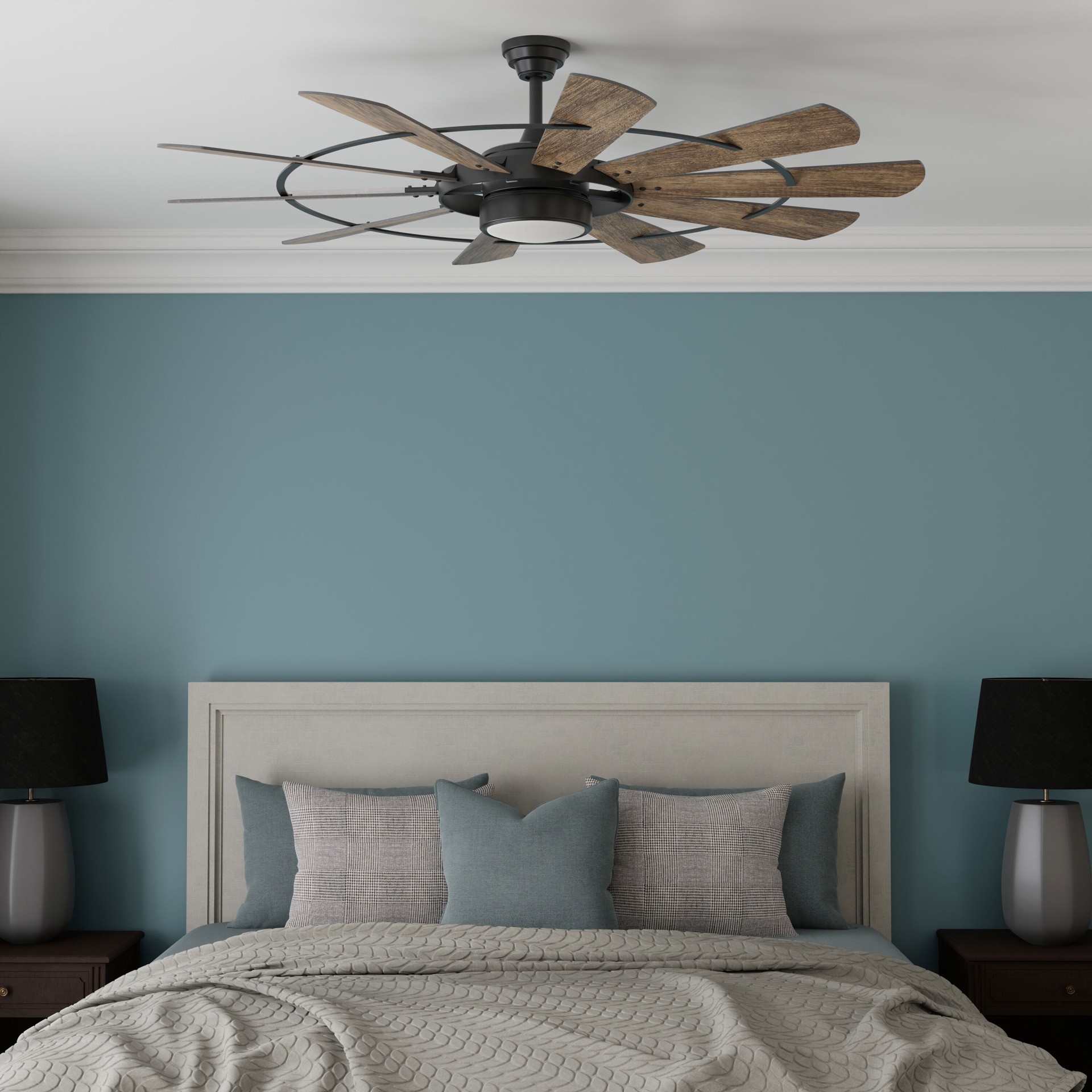 slide 6 of 6, Harbor Breeze Henderson 60-in Matte Black with Rustic Weathered Oak Blades Integrated LED Ceiling Fan With Light 10 -Blade, 1 ct