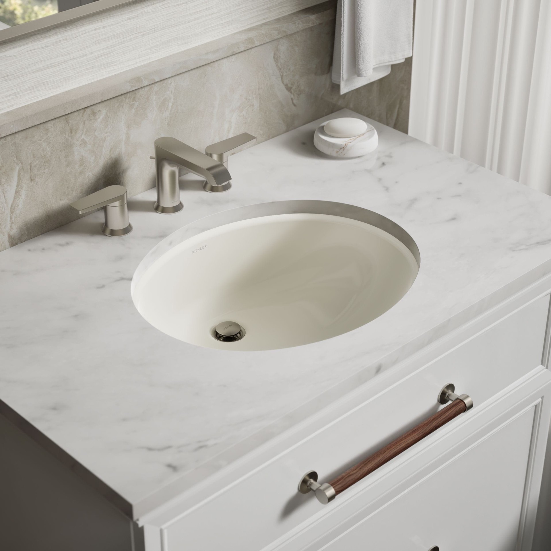 slide 3 of 6, KOHLER Caxton Vitreous China 16.25-in Undermount Oval Transitional Biscuit Bathroom Sink, 1 ct