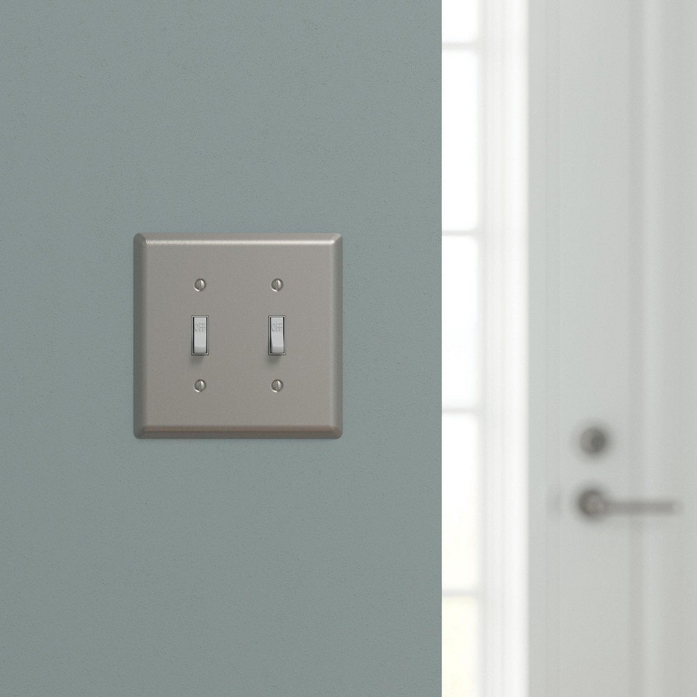 slide 2 of 6, allen + roth Simple Square 2 -Gang Midsize Size Satin Nickel Steel Indoor Toggle Wall Plate, 1 ct