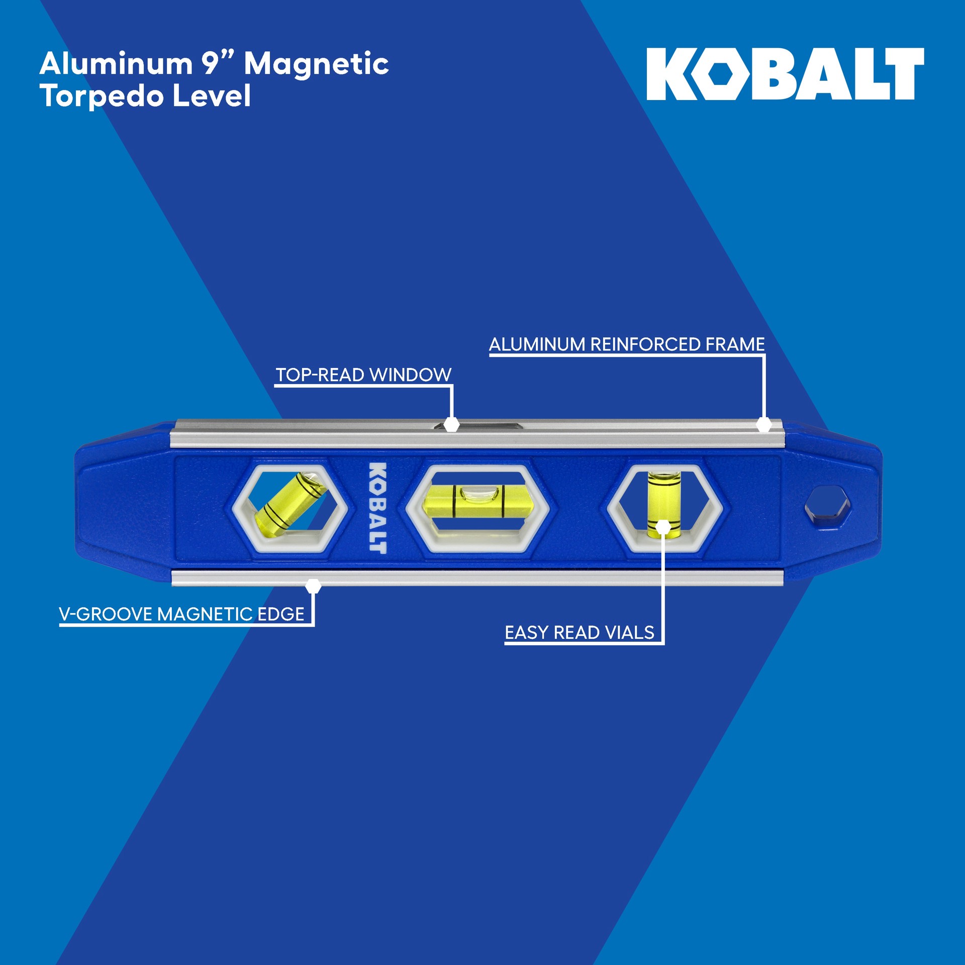 slide 5 of 5, Kobalt Aluminum 9.00-in 3 Vial Magnetic Torpedo level, 1 ct