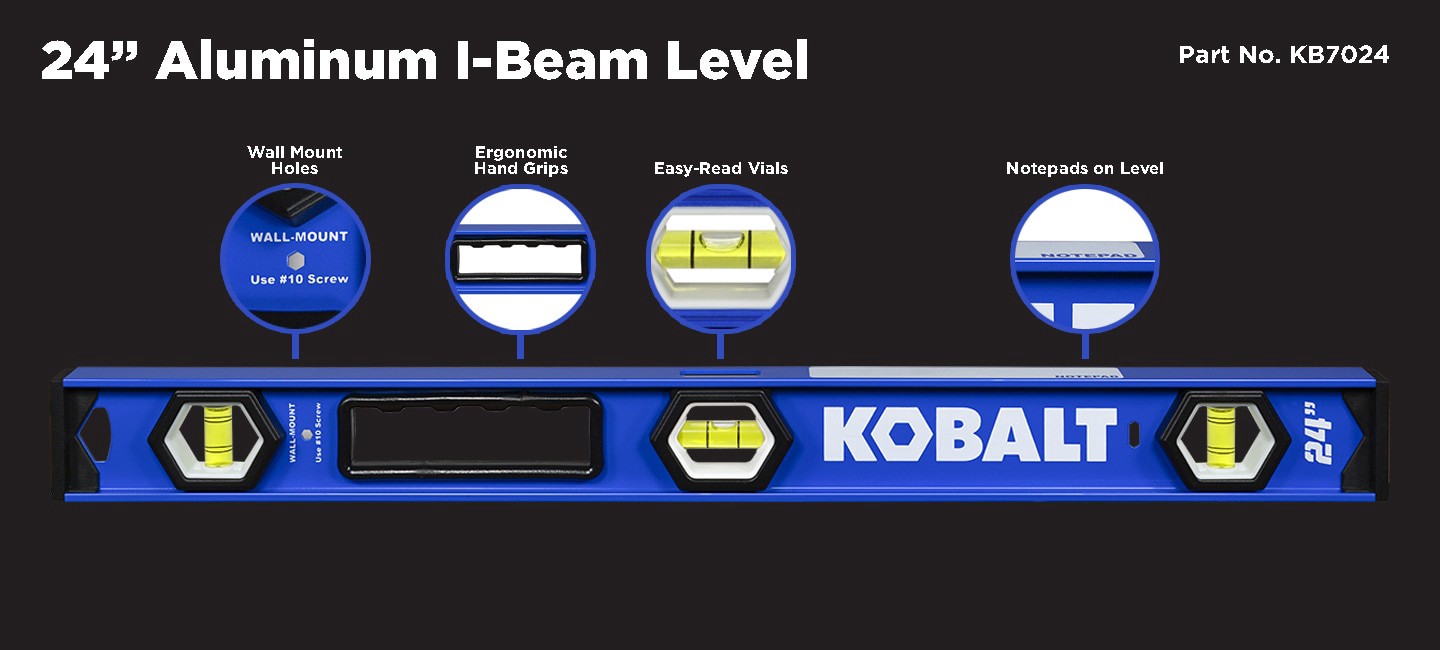 slide 6 of 6, Kobalt Aluminum 24-in 3 Vial I-beam level, 1 ct