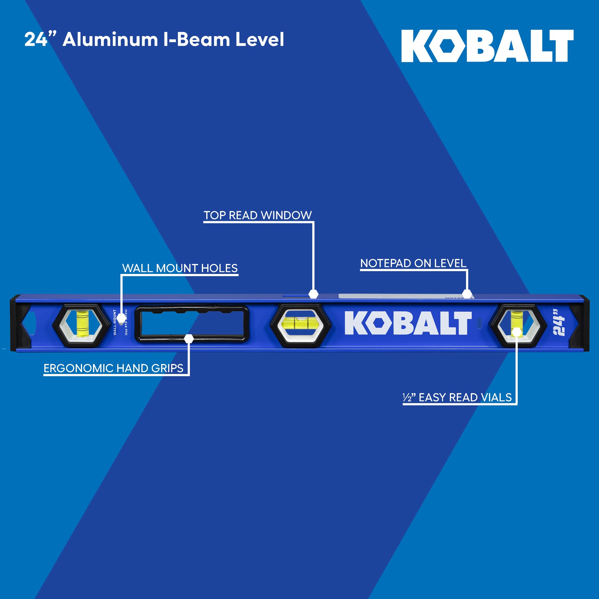 slide 5 of 6, Kobalt Aluminum 24-in 3 Vial I-beam level, 1 ct