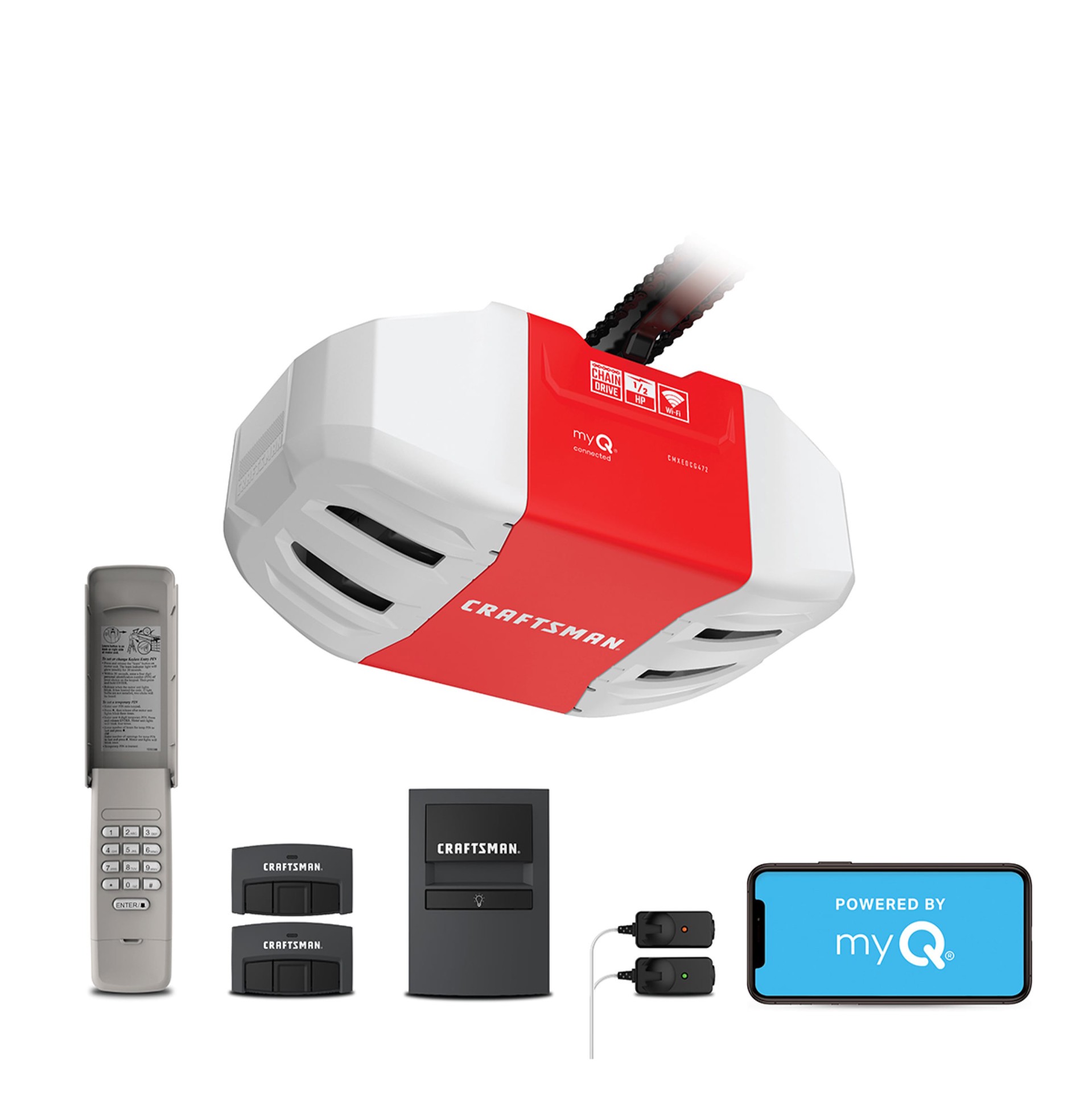 slide 1 of 6, CRAFTSMAN 1/2 HP myQ Smart Compatible Chain drive Garage Door Opener Wi-Fi Compatibility, 1 ct