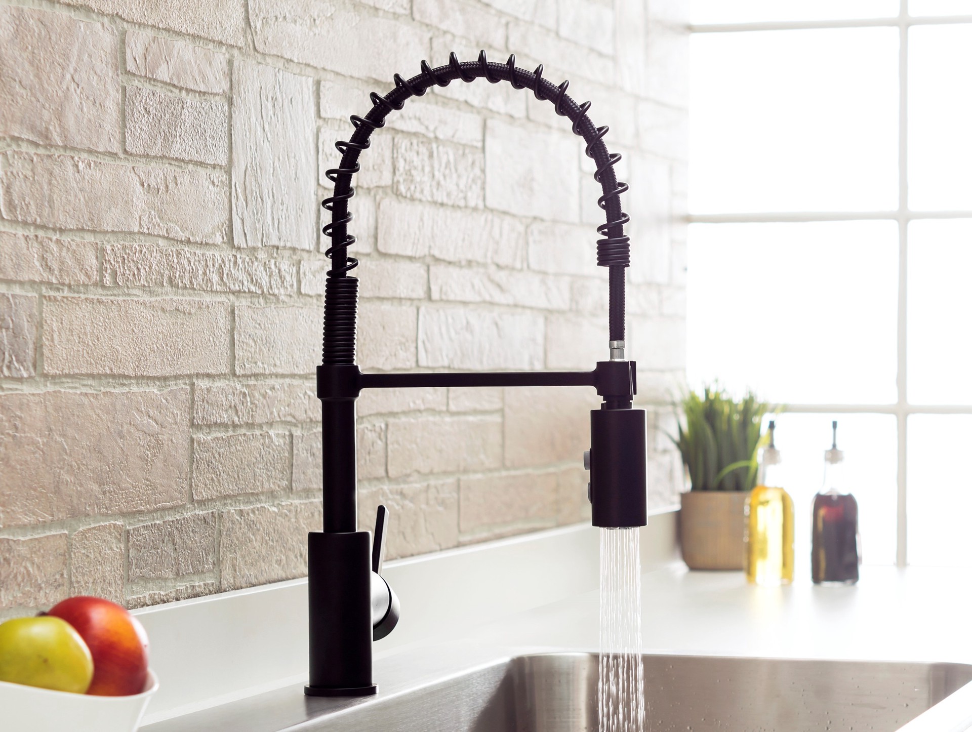 slide 2 of 6, Project Source Flynt Matte black Single Handle Deck-mount Pull-down Kitchen Faucet with Sprayer (Includes Deck Plate), 1 ct