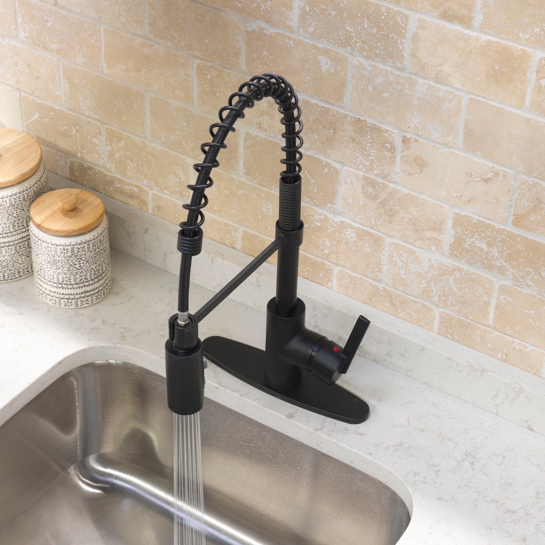 slide 3 of 6, Project Source Flynt Matte black Single Handle Deck-mount Pull-down Kitchen Faucet with Sprayer (Includes Deck Plate), 1 ct