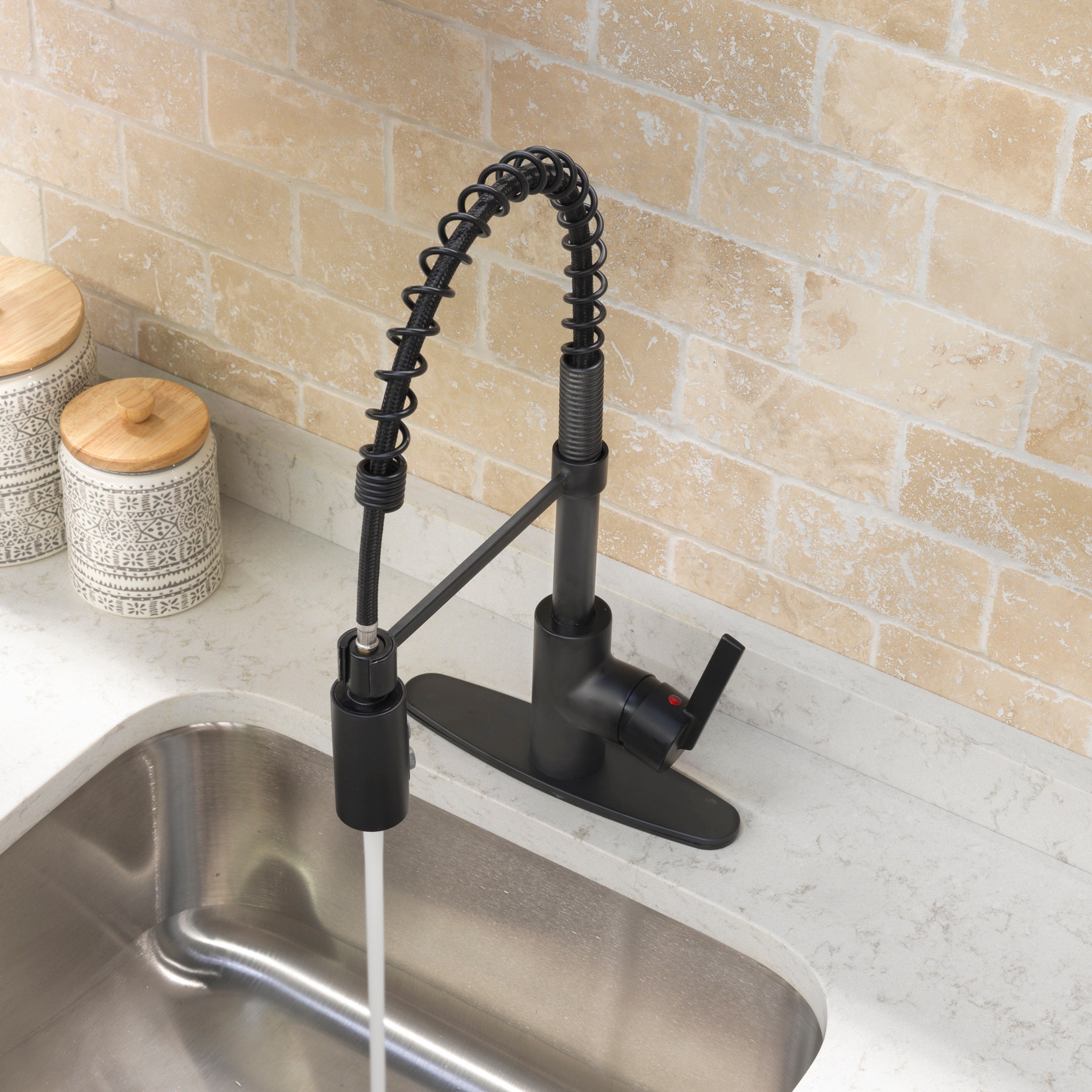 slide 4 of 6, Project Source Flynt Matte black Single Handle Deck-mount Pull-down Kitchen Faucet with Sprayer (Includes Deck Plate), 1 ct