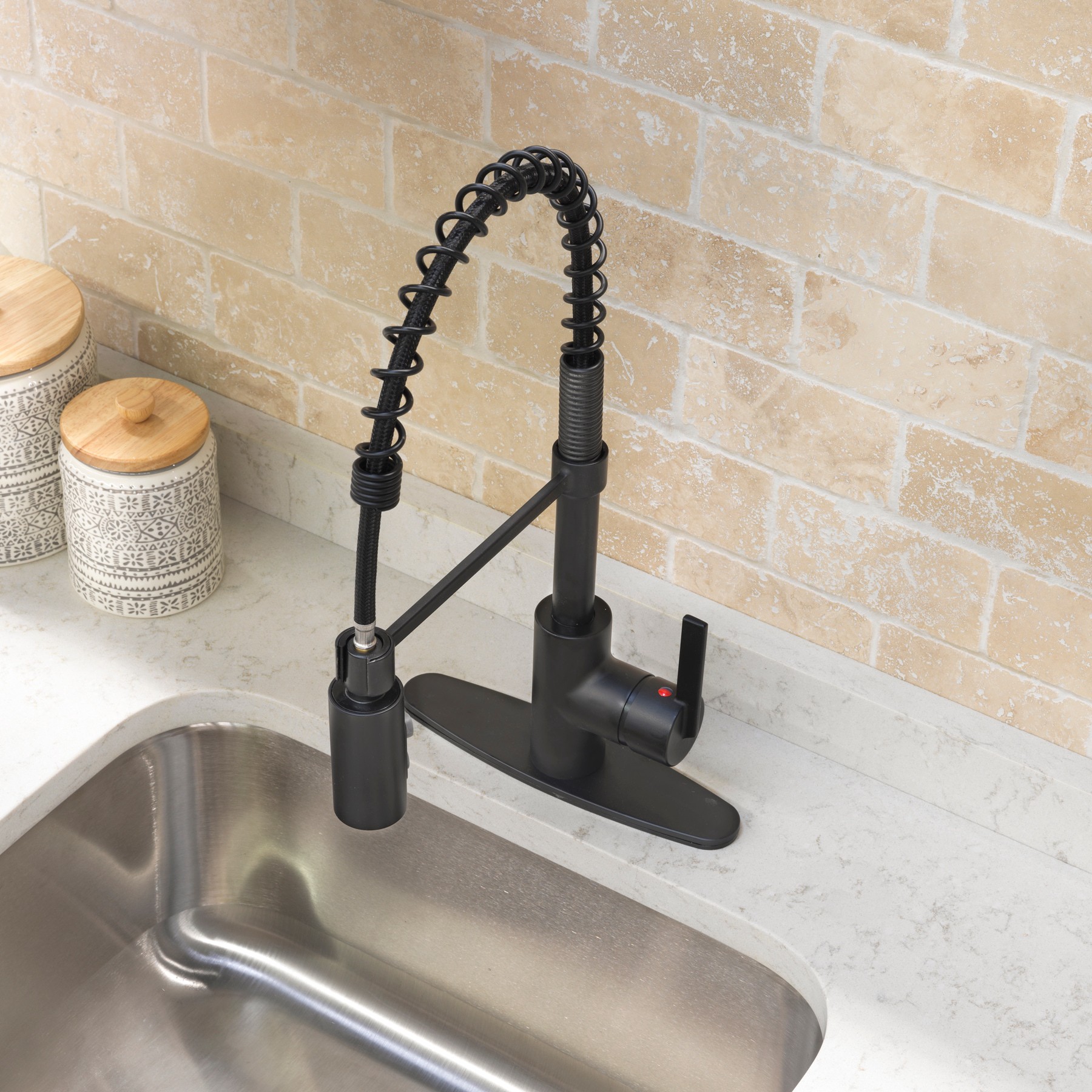 slide 5 of 6, Project Source Flynt Matte black Single Handle Deck-mount Pull-down Kitchen Faucet with Sprayer (Includes Deck Plate), 1 ct