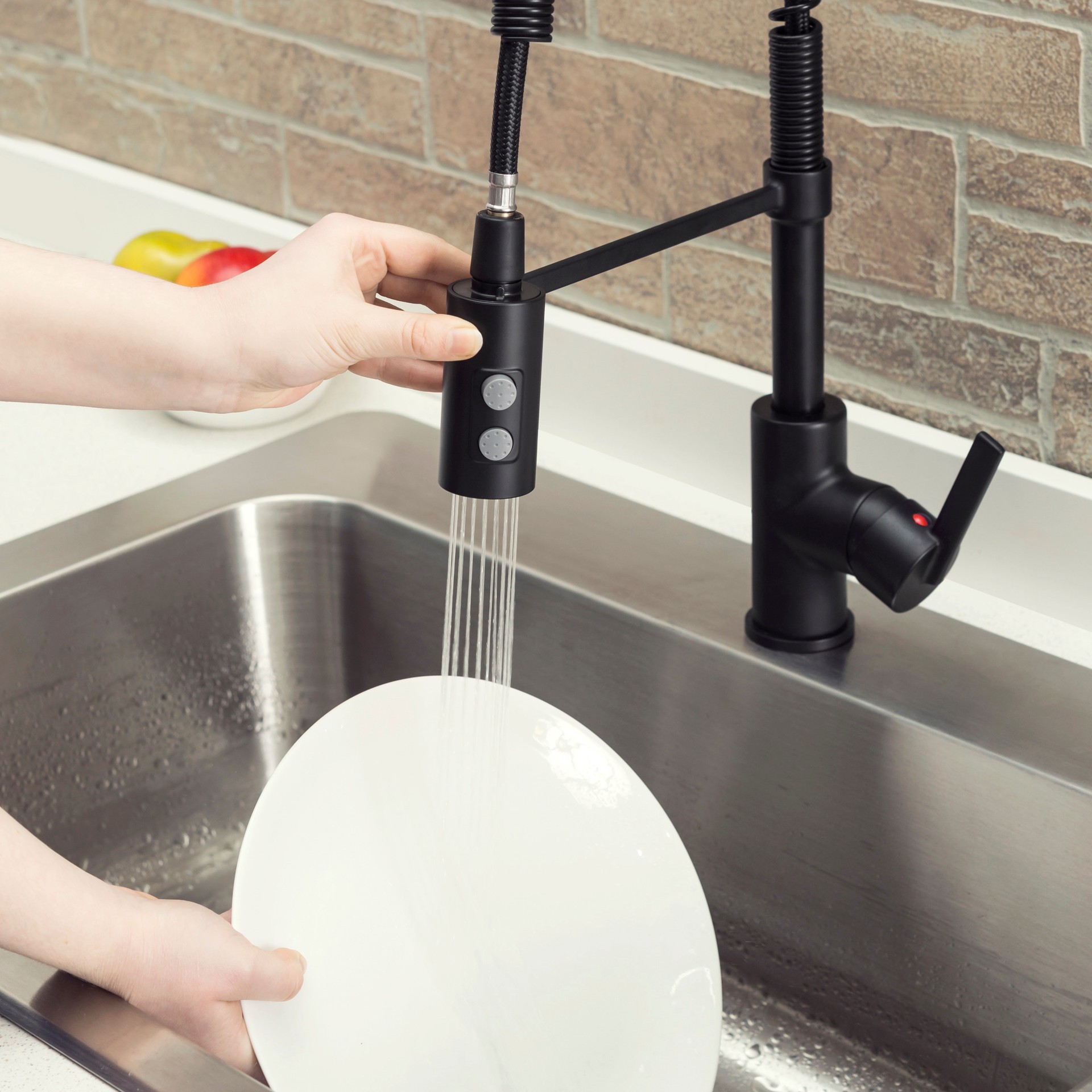 slide 6 of 6, Project Source Flynt Matte black Single Handle Deck-mount Pull-down Kitchen Faucet with Sprayer (Includes Deck Plate), 1 ct