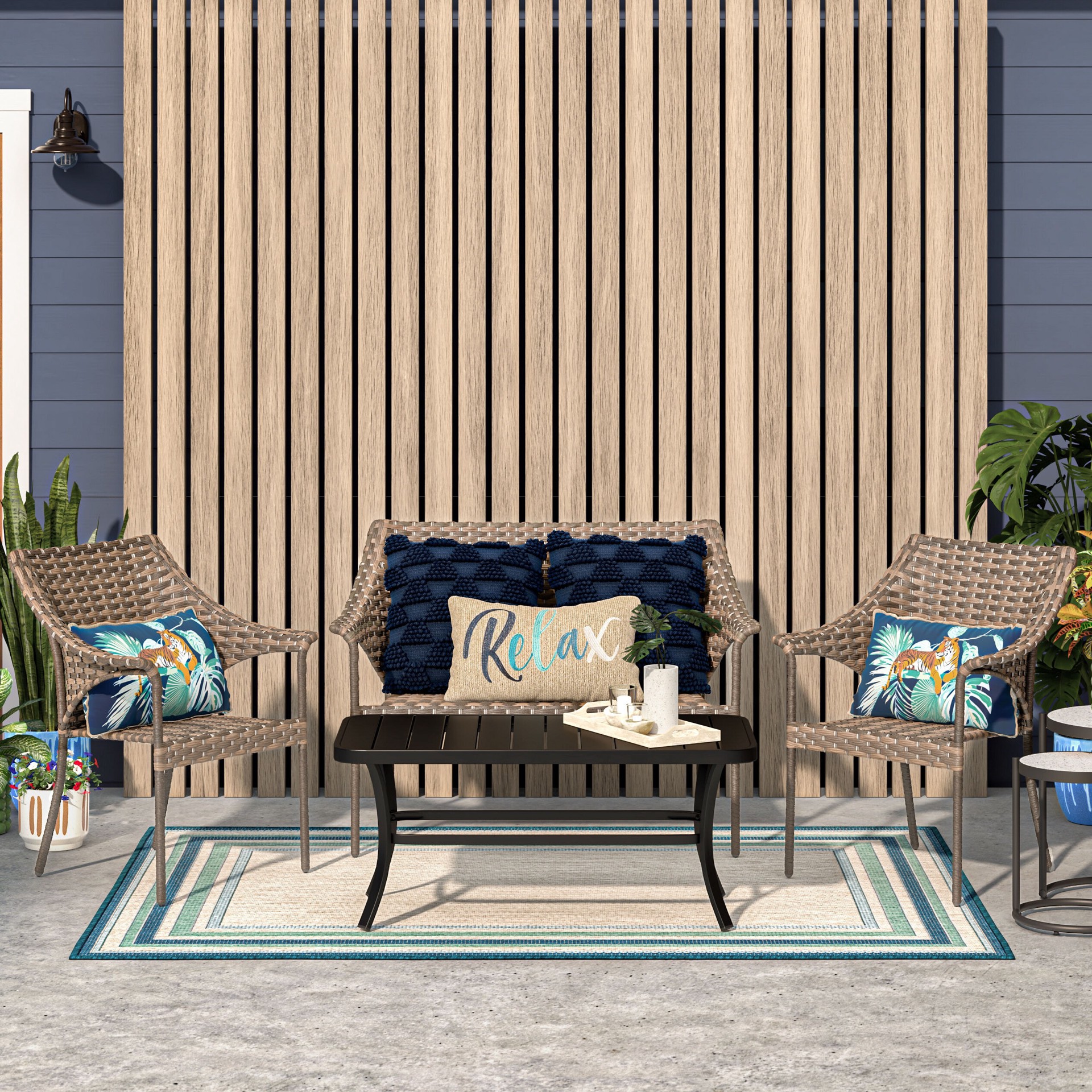 slide 3 of 6, allen + roth with STAINMASTER Blue Green Border 5 x 7 (ft) Loomed Blue-Green Rectangular Outdoor Border Pet Friendly Area rug, 1 ct