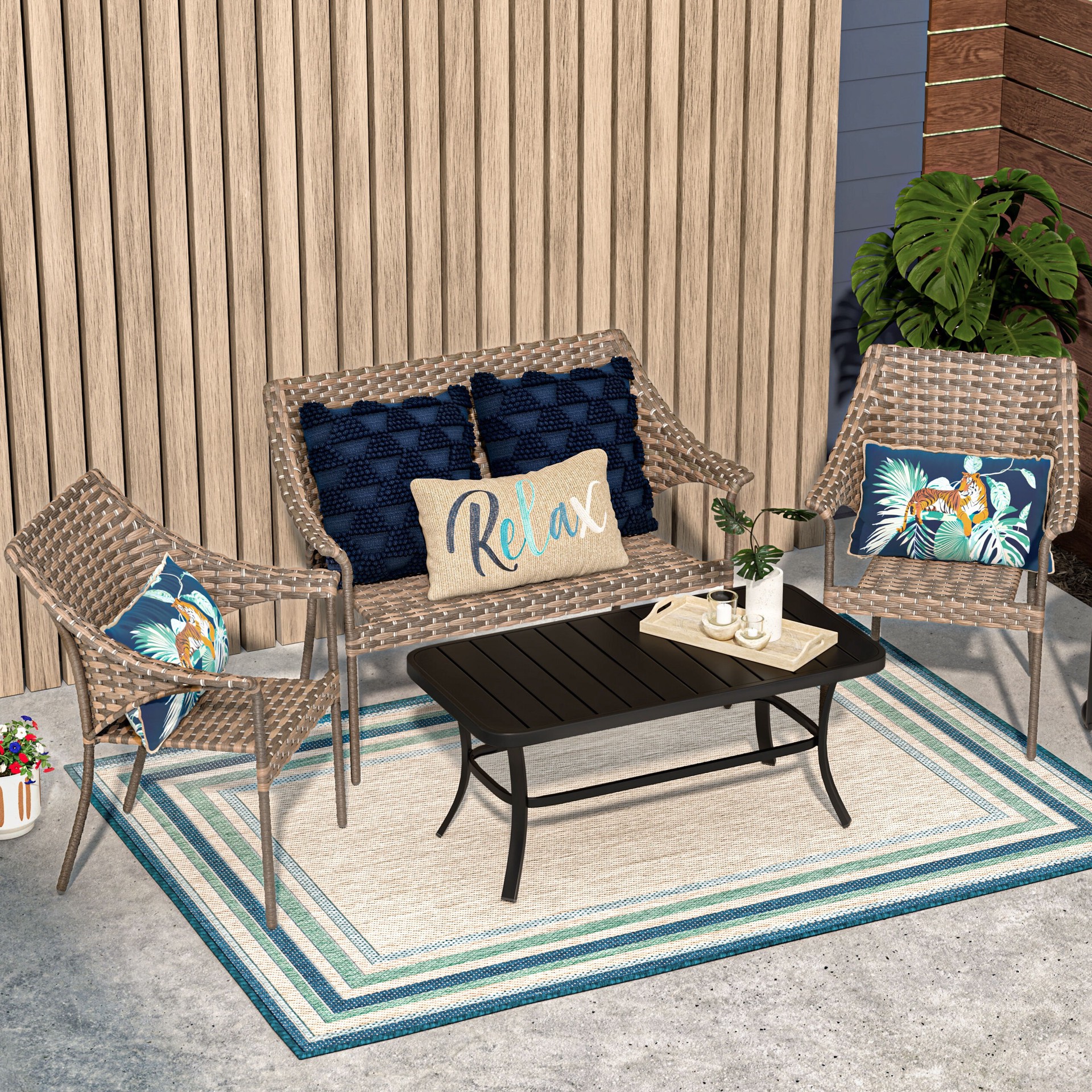 slide 4 of 6, allen + roth with STAINMASTER Blue Green Border 5 x 7 (ft) Loomed Blue-Green Rectangular Outdoor Border Pet Friendly Area rug, 1 ct