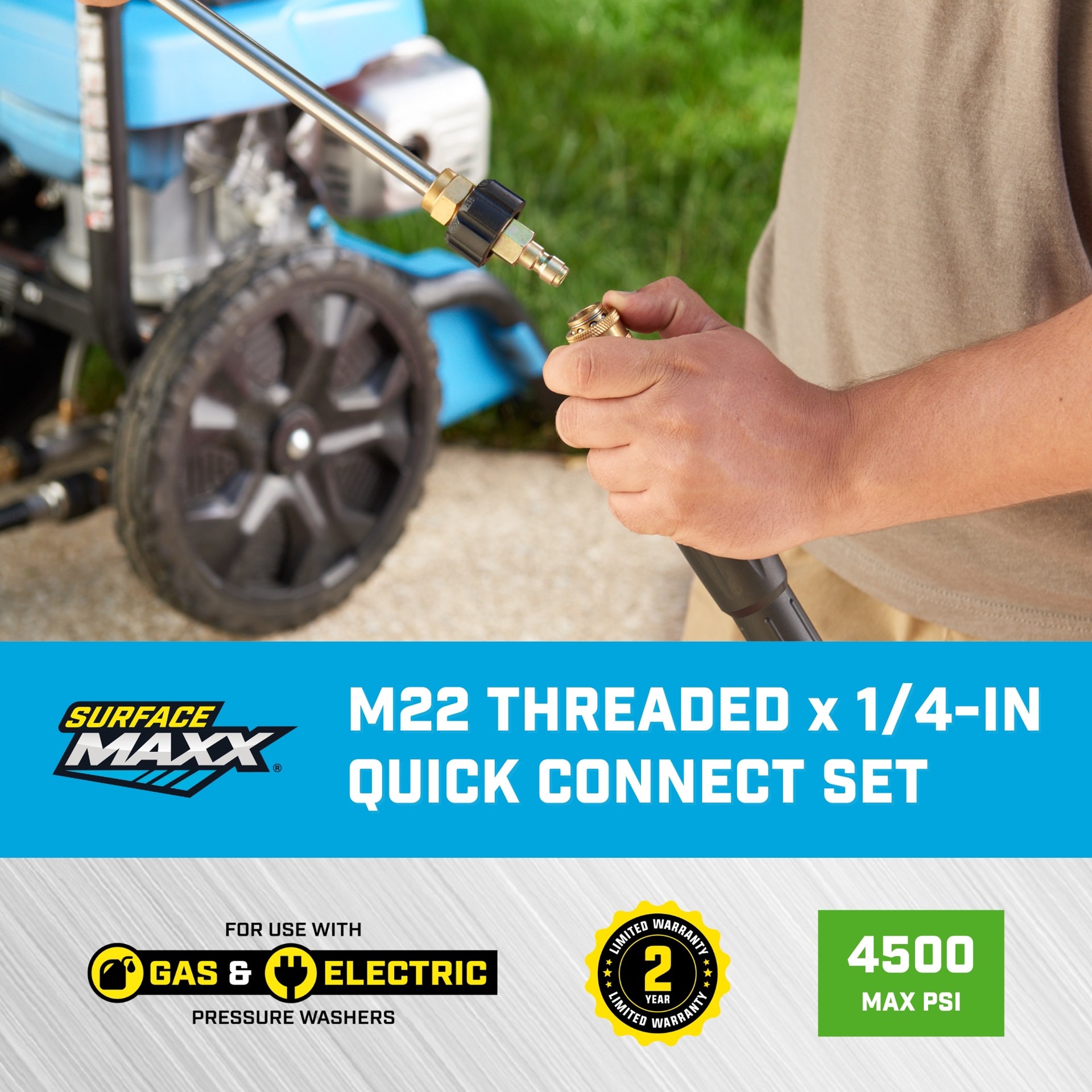 slide 2 of 6, SurfaceMaxx up to 4500 PSI M22 (14-mm) female to 1/4-in Brass Gas and Electric Pressure Washers Quick Connect Set, 1 ct