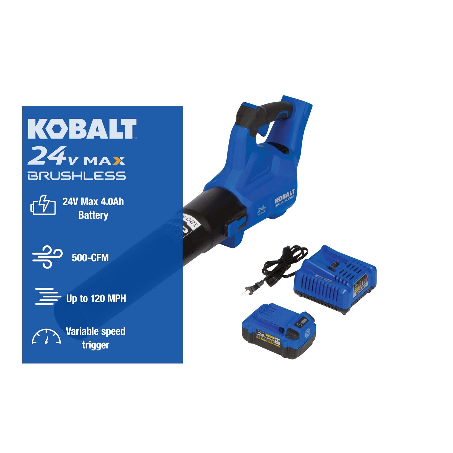 slide 2 of 6, Kobalt 24-volt 500-CFM 120-MPH Battery Handheld Leaf Blower 4.0 Ah, 1 ct