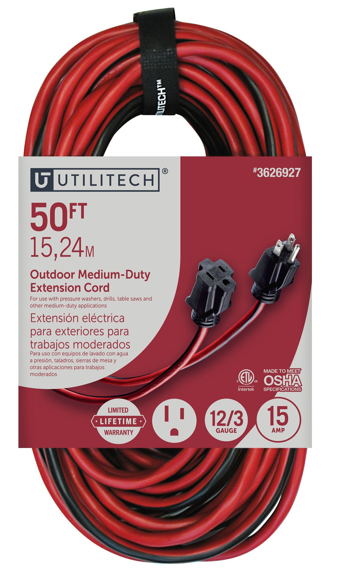 slide 1 of 1, Utilitech 50-ft 12 / 3 Medium Duty 3 Prong Red and black Indoor/Outdoor Extension Power Cord, 1 ct