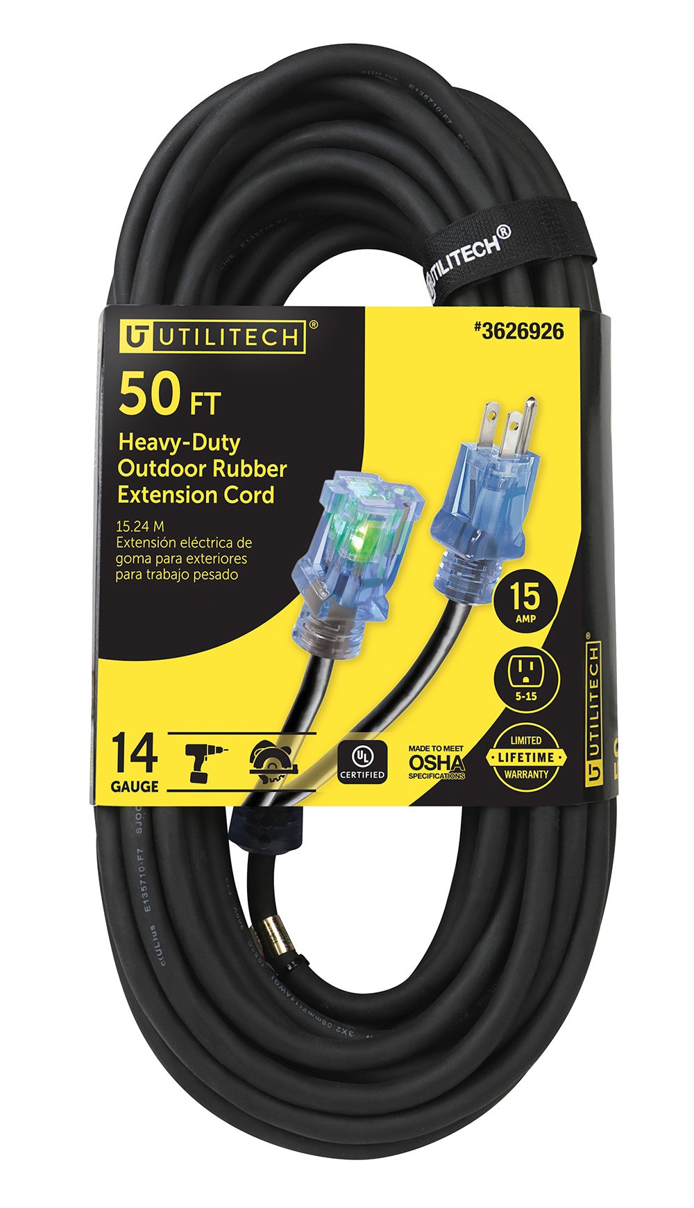 slide 1 of 4, Utilitech 50-ft 14 / 3 Heavy Duty 3 Prong Black Indoor/Outdoor Extension Power Cord, 1 ct