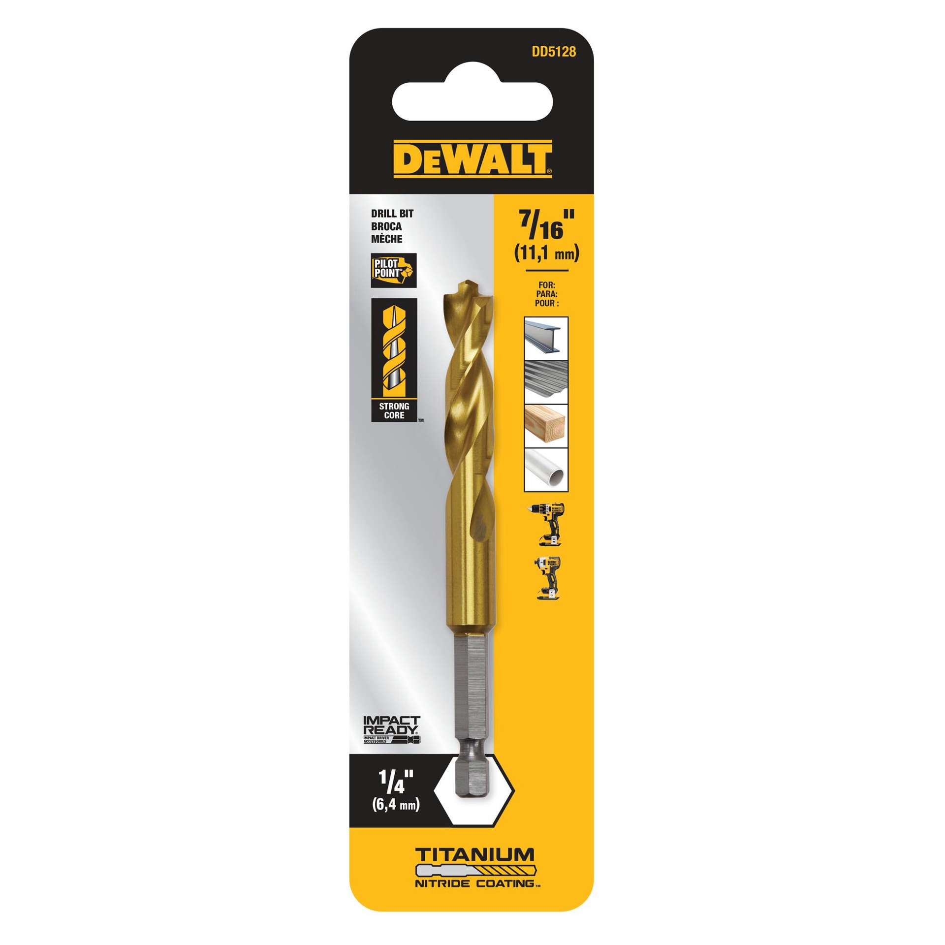 slide 1 of 5, DEWALT 7/16-in x 6-in Titanium nitride coated HSS Jobber length Twist Drill Bit, 1 ct