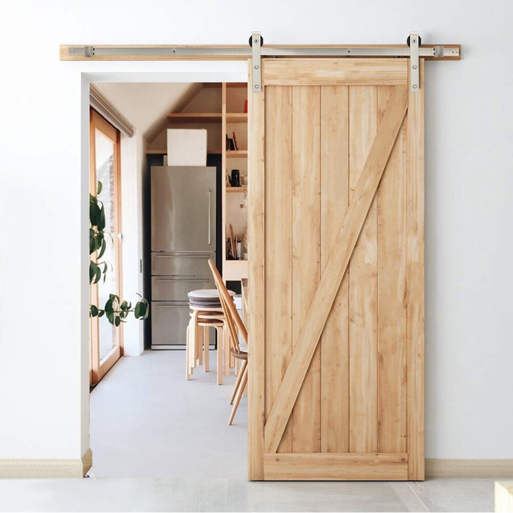 slide 5 of 6, RELIABILT 78-in Satin nickel Indoor J-strap Single Barn door hardware kit, 1 ct