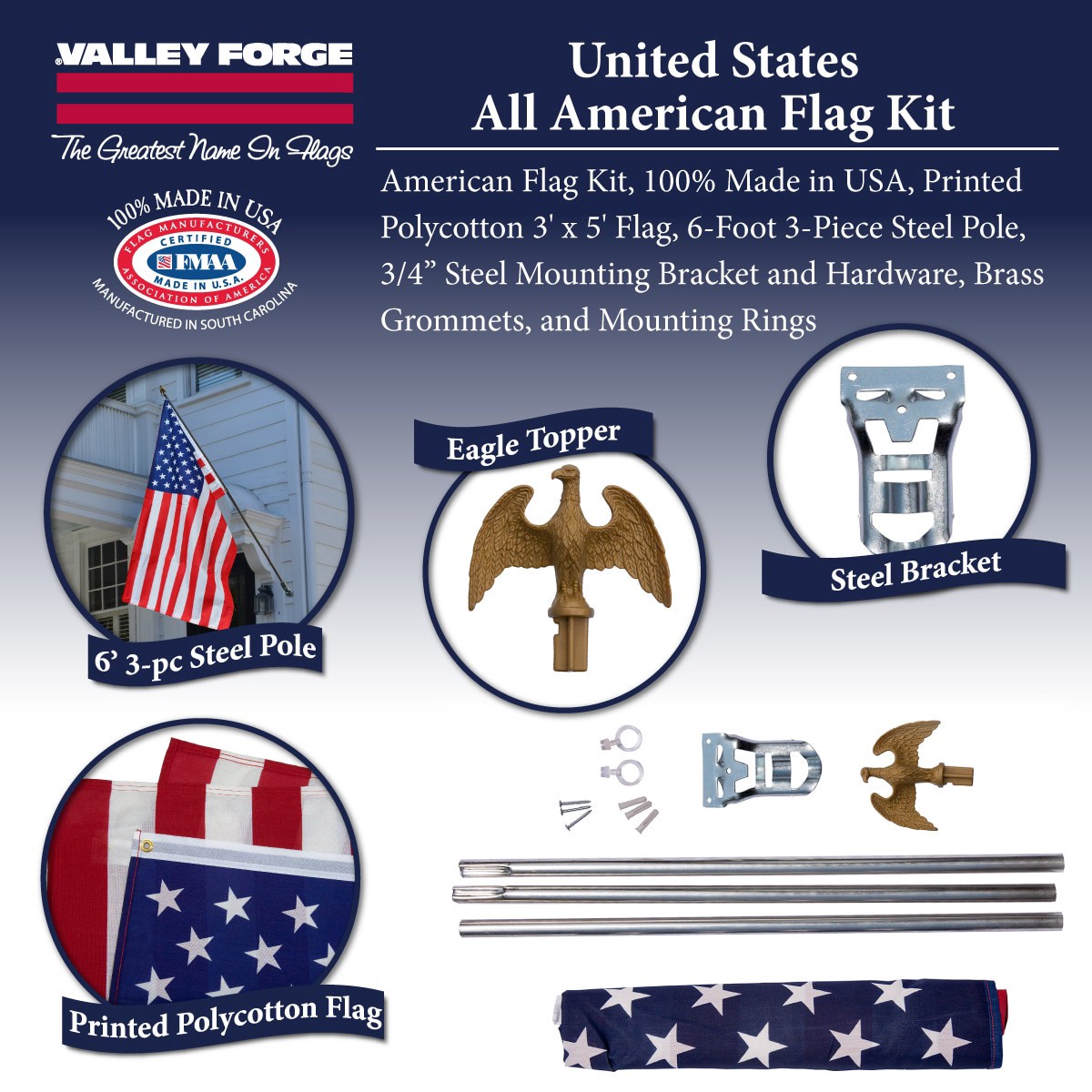 slide 6 of 6, Valley Forge Flag 4.92-ft W x 3-ft H American House flag Kit, 1 ct