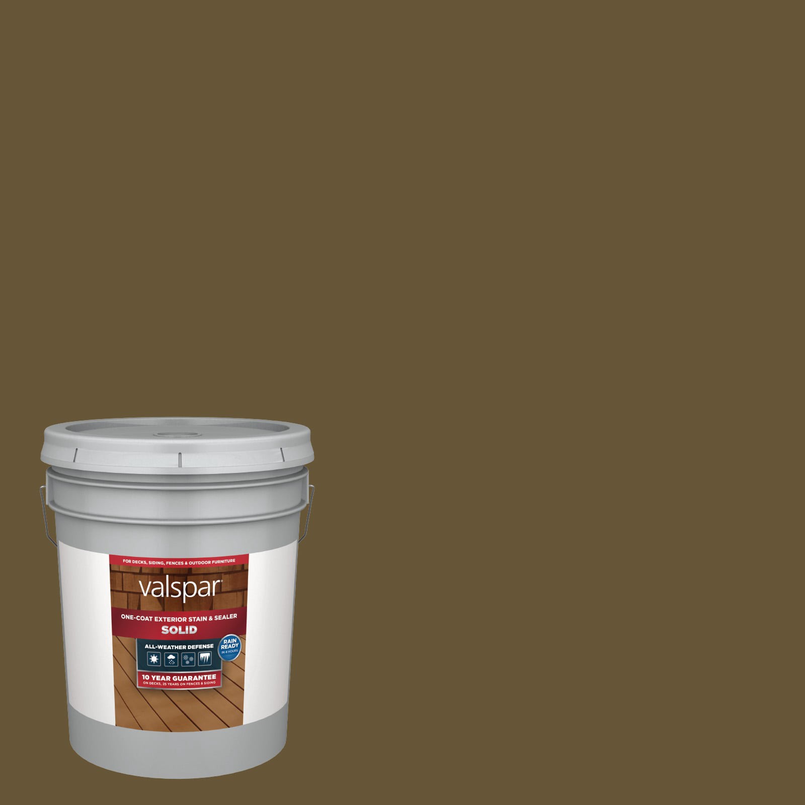 slide 1 of 6, Valspar Spicy Brown Solid Exterior Wood Stain and Sealer in One ( 5-gallon ), 1 ct