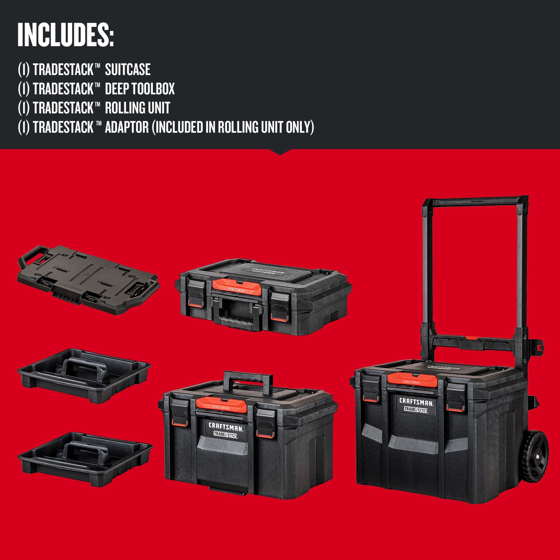slide 4 of 6, CRAFTSMAN TRADESTACK 22-in W x 33.6-in H x 18-in D Red and Black Plastic Rolling Tool Box, 1 ct