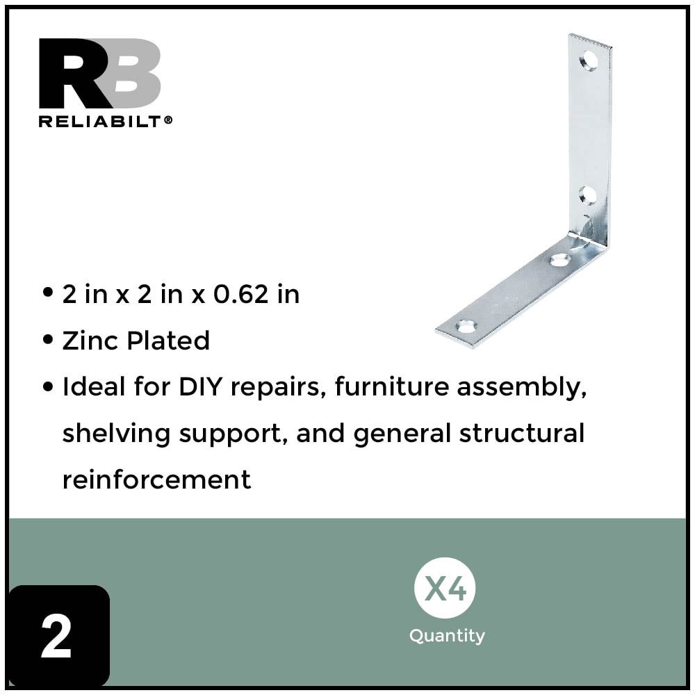 slide 2 of 6, RELIABILT 2-in x 0.625-in x 2-in 1.8 -Gauge Zinc-plated Steel Corner brace 4 -Pack, 1 ct