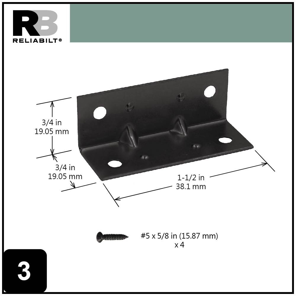 slide 3 of 6, RELIABILT 1.5-in x 0.75-in x 0.75-in 1 -Gauge Black Steel Corner brace 4 -Pack, 1 ct