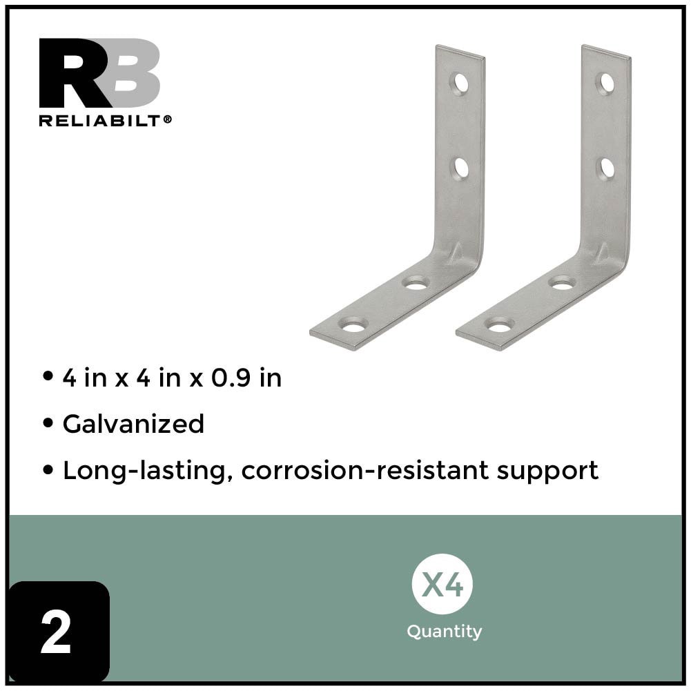slide 2 of 6, RELIABILT 4-in x 0.875-in x 4-in 3 -Gauge Galvanized Steel Corner brace 4 -Pack, 1 ct
