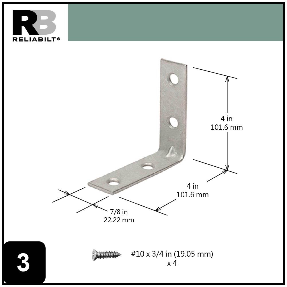 slide 3 of 6, RELIABILT 4-in x 0.875-in x 4-in 3 -Gauge Galvanized Steel Corner brace 4 -Pack, 1 ct