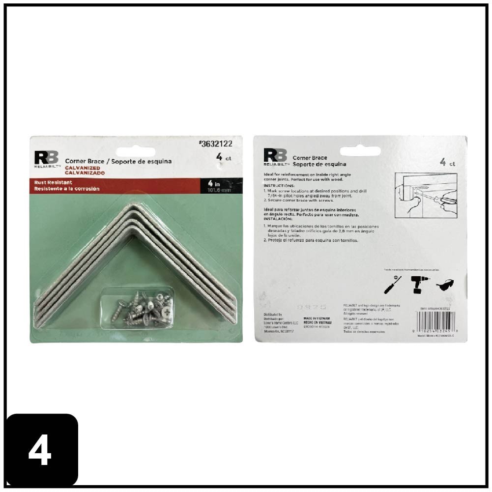 slide 4 of 6, RELIABILT 4-in x 0.875-in x 4-in 3 -Gauge Galvanized Steel Corner brace 4 -Pack, 1 ct