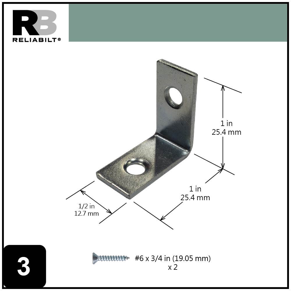 slide 3 of 6, RELIABILT 1-in x 0.5-in x 1-in 1.8 -Gauge Zinc-plated Steel Corner brace 4 -Pack, 1 ct