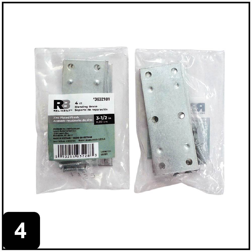 slide 5 of 6, RELIABILT 3.5-in x 1.42-in x 0.07-in 1.5 -Gauge Zinc-plated Steel Mending brace 4 -Pack, 1 ct