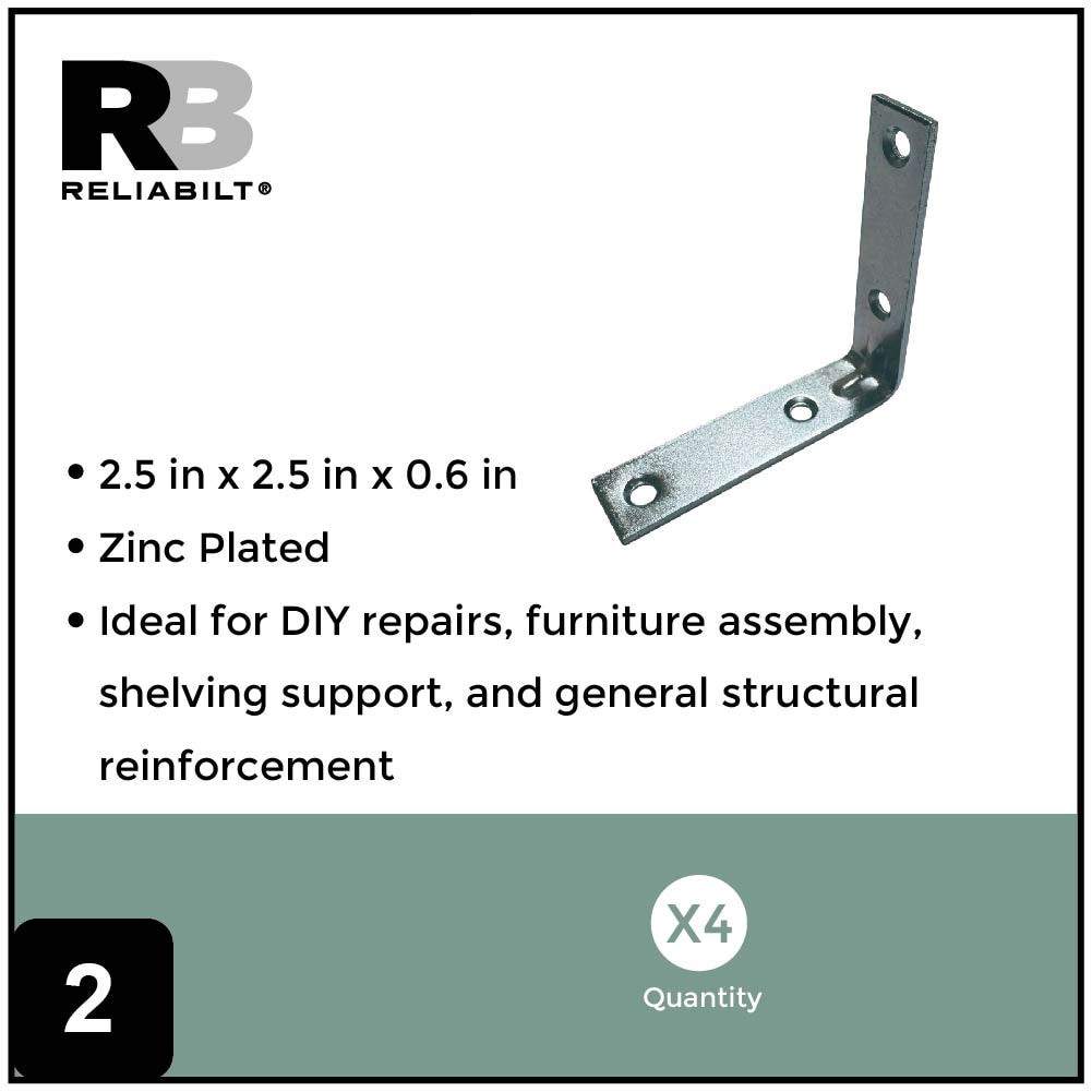 slide 3 of 6, RELIABILT 2.5-in x 0.625-in x 2.5-in 2 -Gauge Zinc-plated Steel Corner brace 4 -Pack, 1 ct