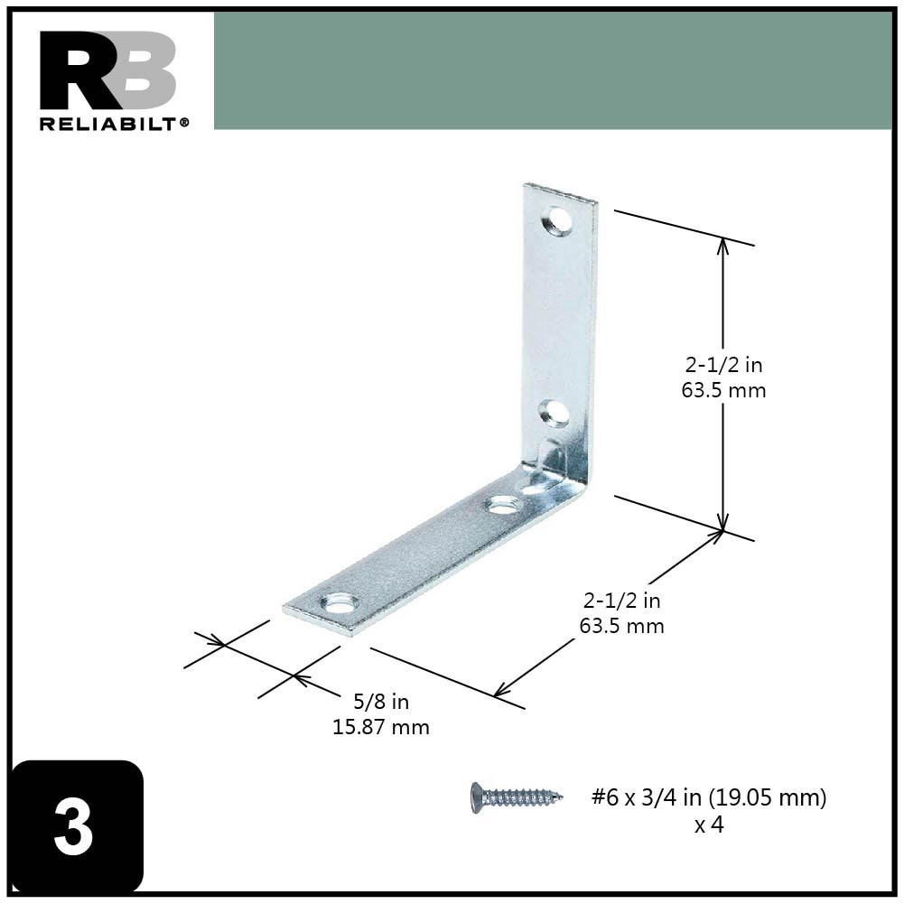 slide 4 of 6, RELIABILT 2.5-in x 0.625-in x 2.5-in 2 -Gauge Zinc-plated Steel Corner brace 4 -Pack, 1 ct
