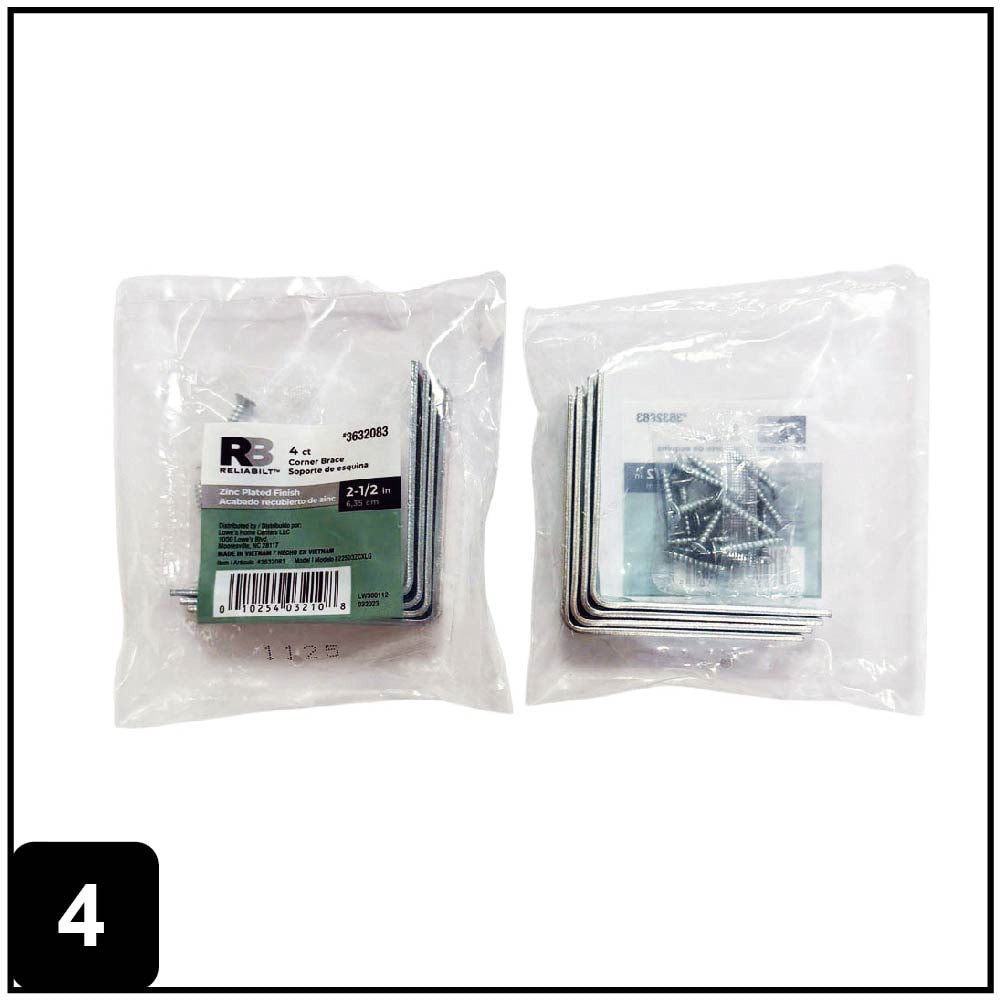 slide 5 of 6, RELIABILT 2.5-in x 0.625-in x 2.5-in 2 -Gauge Zinc-plated Steel Corner brace 4 -Pack, 1 ct