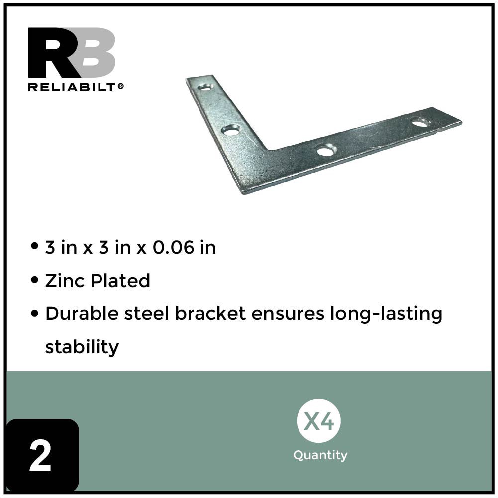 slide 3 of 6, RELIABILT 3-in x 0.5-in x 3-in 1.5 -Gauge Zinc-plated Steel Flat brace 4 -Pack, 1 ct