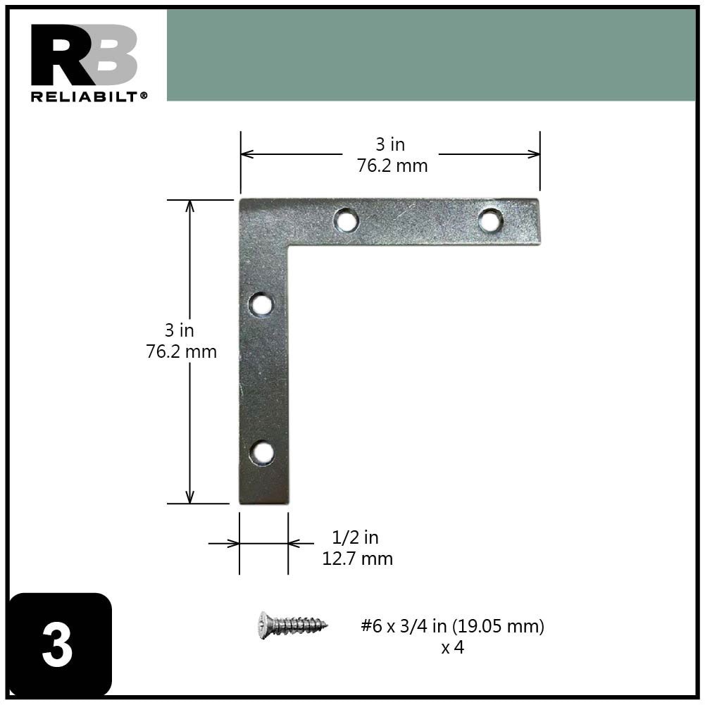 slide 4 of 6, RELIABILT 3-in x 0.5-in x 3-in 1.5 -Gauge Zinc-plated Steel Flat brace 4 -Pack, 1 ct